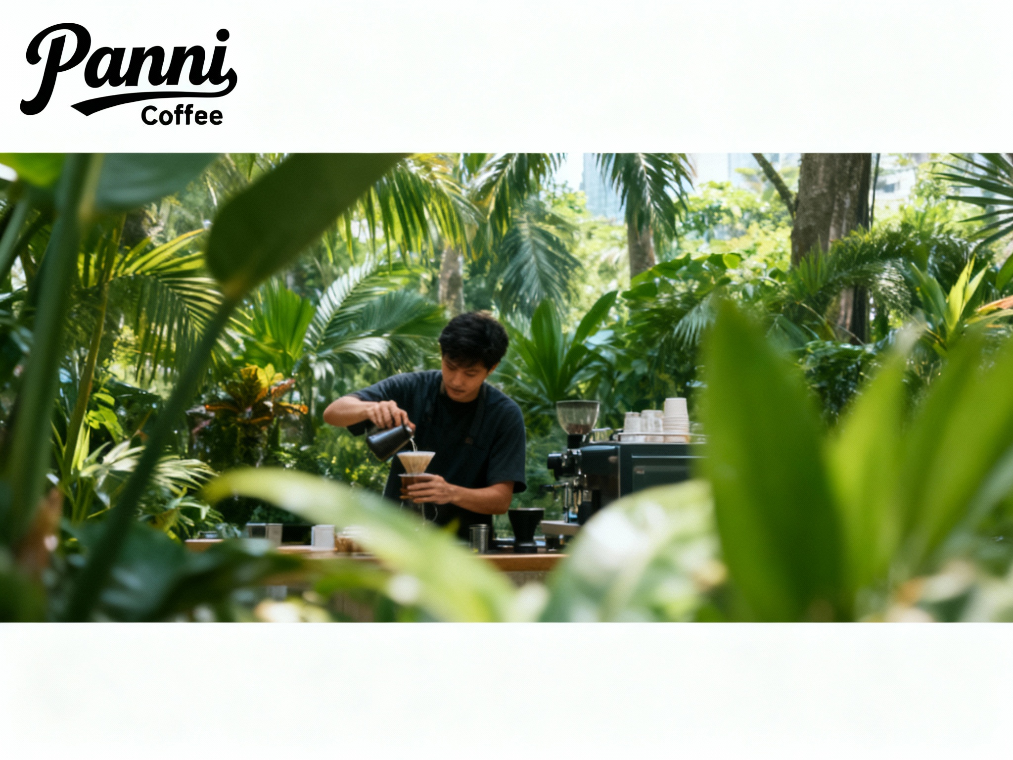 品牌宣传海报，画面清新，Panni Coffee LOGO位于左上角。画面背景是透过郁郁葱葱的热带植物看到的咖啡师制作咖啡的场景，前景有虚化的植物叶片，营造偷窥视角的电影感。风格：森系清新、James Turrell式的光影美学（但更柔和）、大面积留白、空气感、胶片摄影质感，4k高清，传递“城市中的自然绿洲”概念。