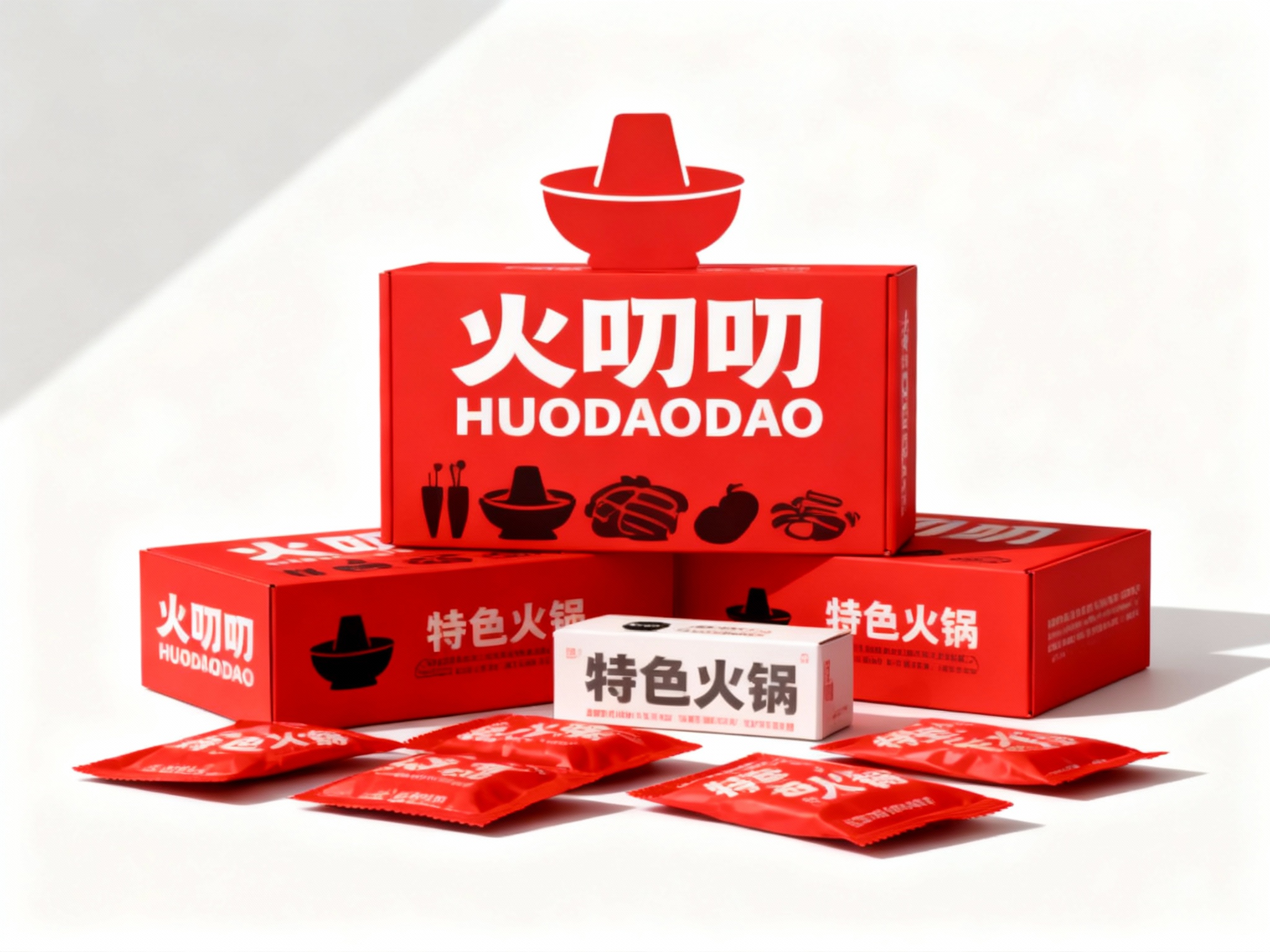 现代简约风格火锅产品包装展示，（将参考图中的LOGO保持一致不要出现变形）白色背景搭配提供的品牌色（保持提示词的主色）几何色块。画面主体为多个品牌色包装盒，包括大盒（印有白色品牌名称和火锅食材剪影）、小盒，均印有 “特色火锅” 字样和黑色品牌标识。包装盒下方散落着同色系的小包装袋。整体构图采用高低错落的排列方式，光线从左上角斜射，形成清晰的阴影，突出包装盒的立体感和色彩对比，展现产品系列的多样性与品牌视觉统一性。