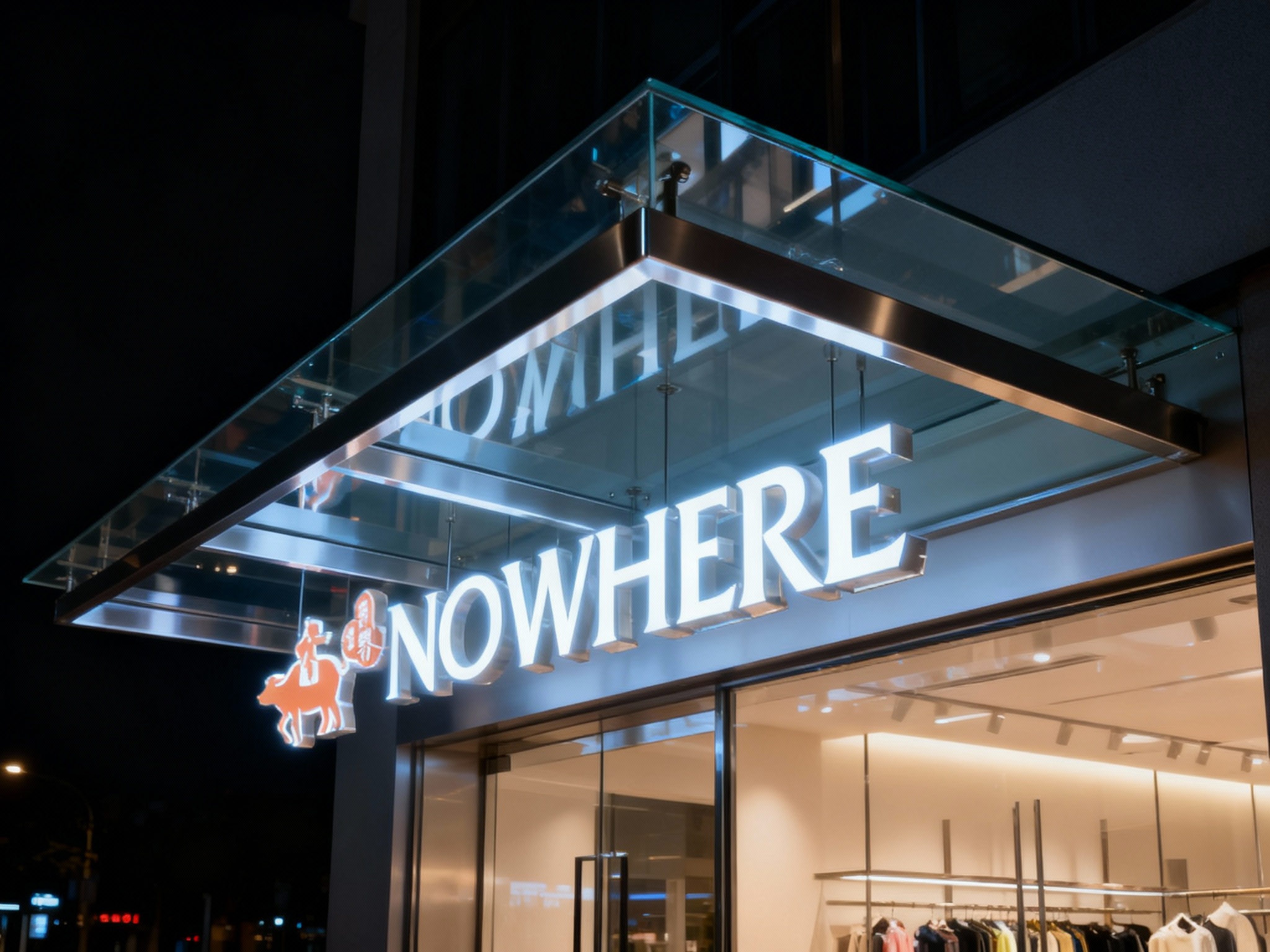 玻璃雨棚一体门头特写，超白玻璃雨棚采用无影胶无缝拼接，搭配哑光不锈钢隐藏式支架，底板通透无支架外露，LOGO以悬浮式发光字安装于雨棚下方，无悬挂连接件，黑夜场景，灯光照亮LOGO与雨棚边缘，整体通透大气，适合潮流店铺