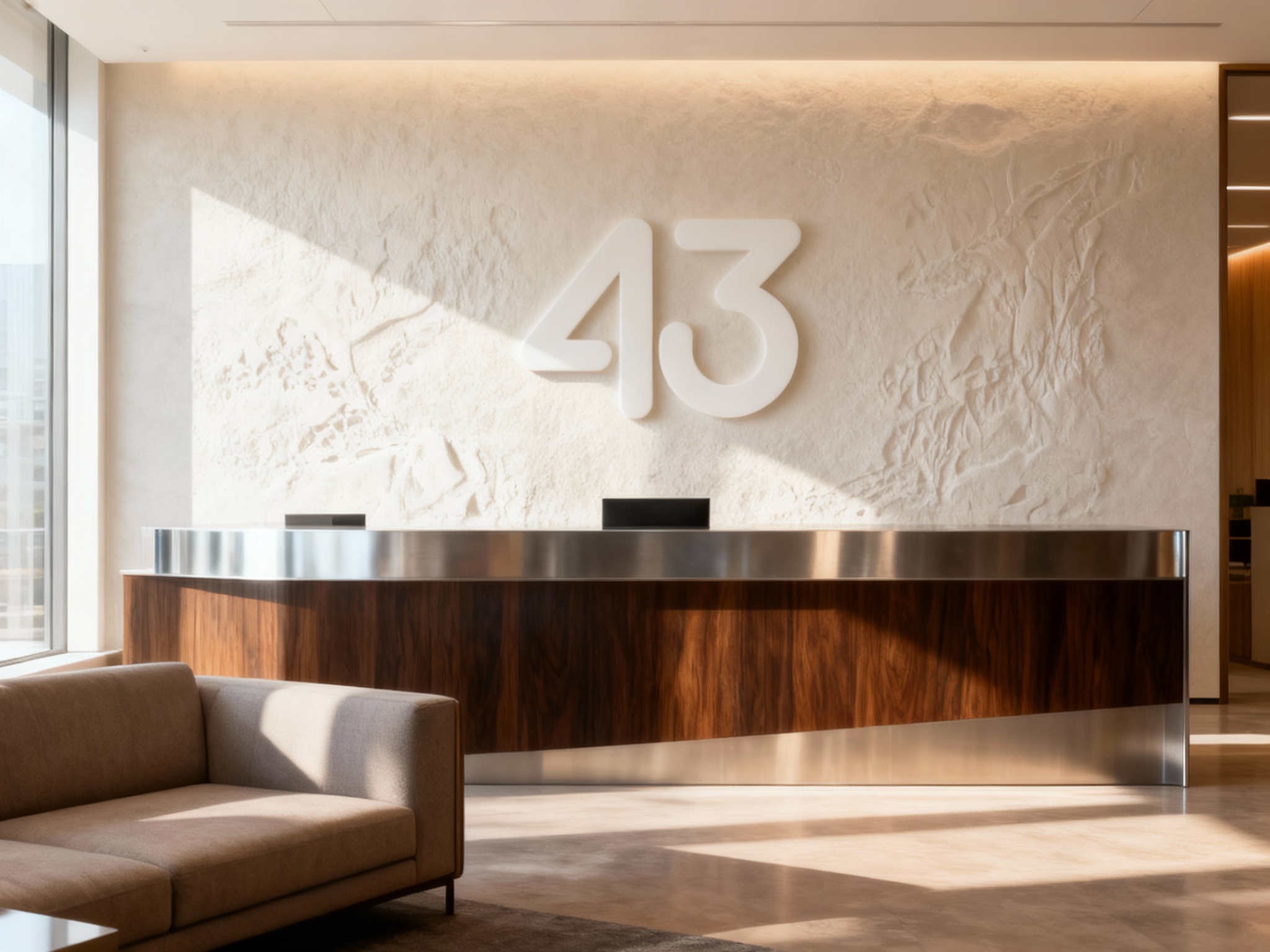 设计办公空间效果图统一主色，公司接待区、有沙发、背景墙面LOGO展示，运用主色前台背景，黑胡桃木搭配银色不锈钢材质（将参考图中的LOGO）融入场景装修或物件中，光线温暖自然，突出空间舒适感与现代质感，LOGO以浮雕形式呈现于墙面或桌面。