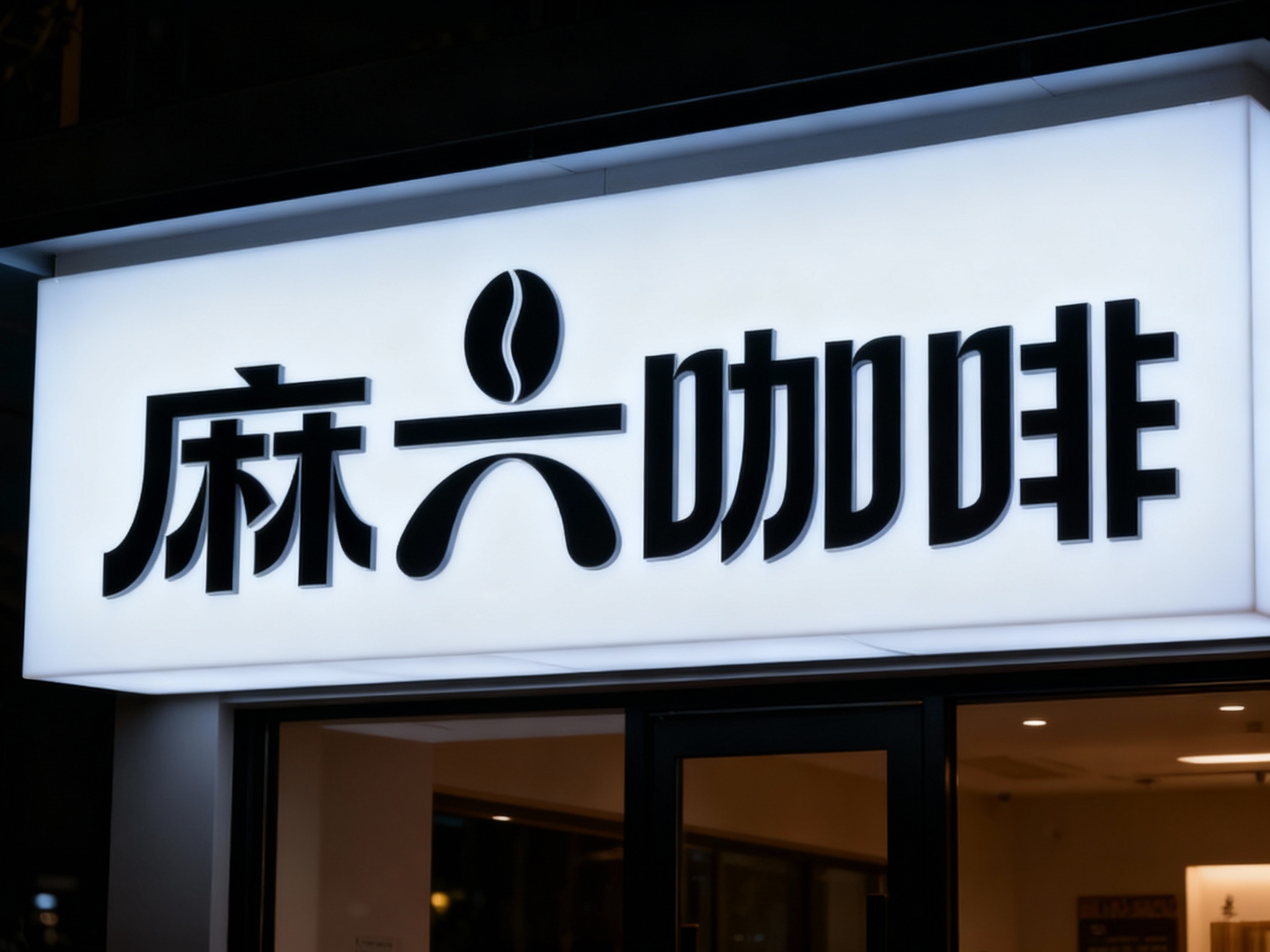 LED灯箱门头特写，门头为整体嵌入式灯箱，表面覆盖哑光透光膜，底板平整无褶皱，LOGO以UV打印工艺精准呈现，无色彩偏差，黑夜场景，灯箱均匀发光，LOGO清晰立体，无多余装饰，适配连锁高端品牌门店