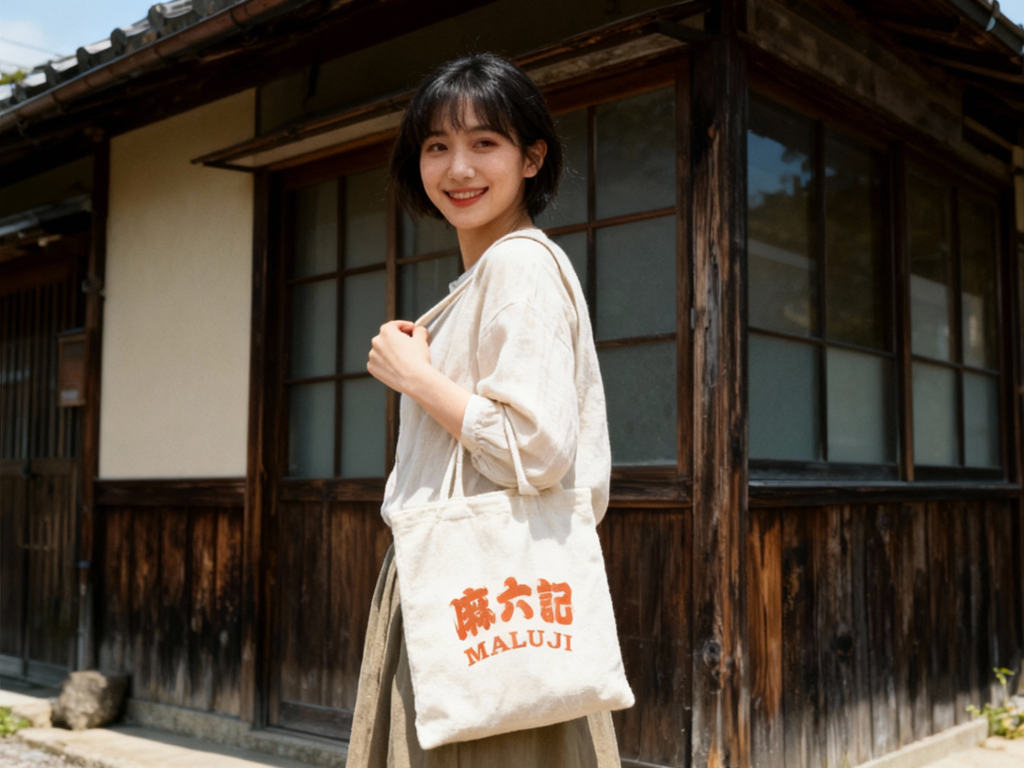 模特时尚街拍风格（日杂风）。一位穿着棉麻材质、风格素雅的模特，手提一只设计极简的帆布袋或手腕袋，袋子上印有书道风格的（智能提取参考图中的LOGO主体并去除原背景）。她站在具有年代感的日式木屋前，回眸微笑。自然光，胶片质感，突出品牌周边的生活美学。