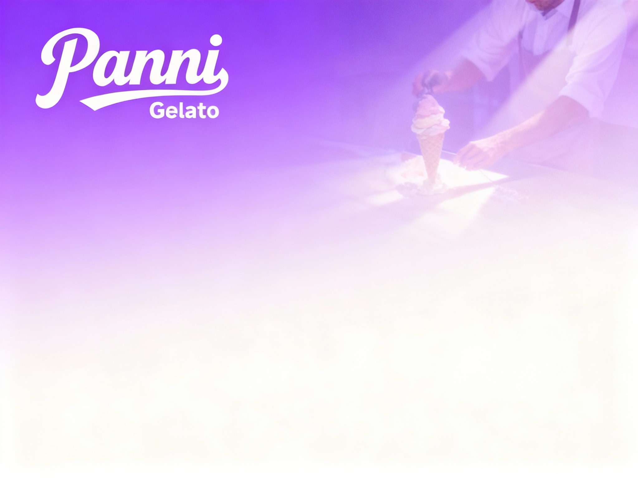 设计品牌宣传海报，画面干净，（将参考图中的LOGO ）位于左上角或右上角（根据实际情况设置），大师作品，电影海报，超高质量，超精细，高级英文排版，摄影，丁达尔光效，朦胧，俯视，远景，极简，简单，极简风格，大面积留白，James Turrell，背景是冰淇淋师制作冰淇淋的景象，压迫感，超现实主义+极简主义 + 简单色块+ 马卡龙配色+ 摄影艺术 + 细节丰富+ 封面美学 +黑色背景+电影级照明，4k高清，排版简洁有视觉冲击力，符合社交平台分享特性，LOGO位于左上角，背景为紫色渐变，带有冰淇淋制作场景的虚化效果。