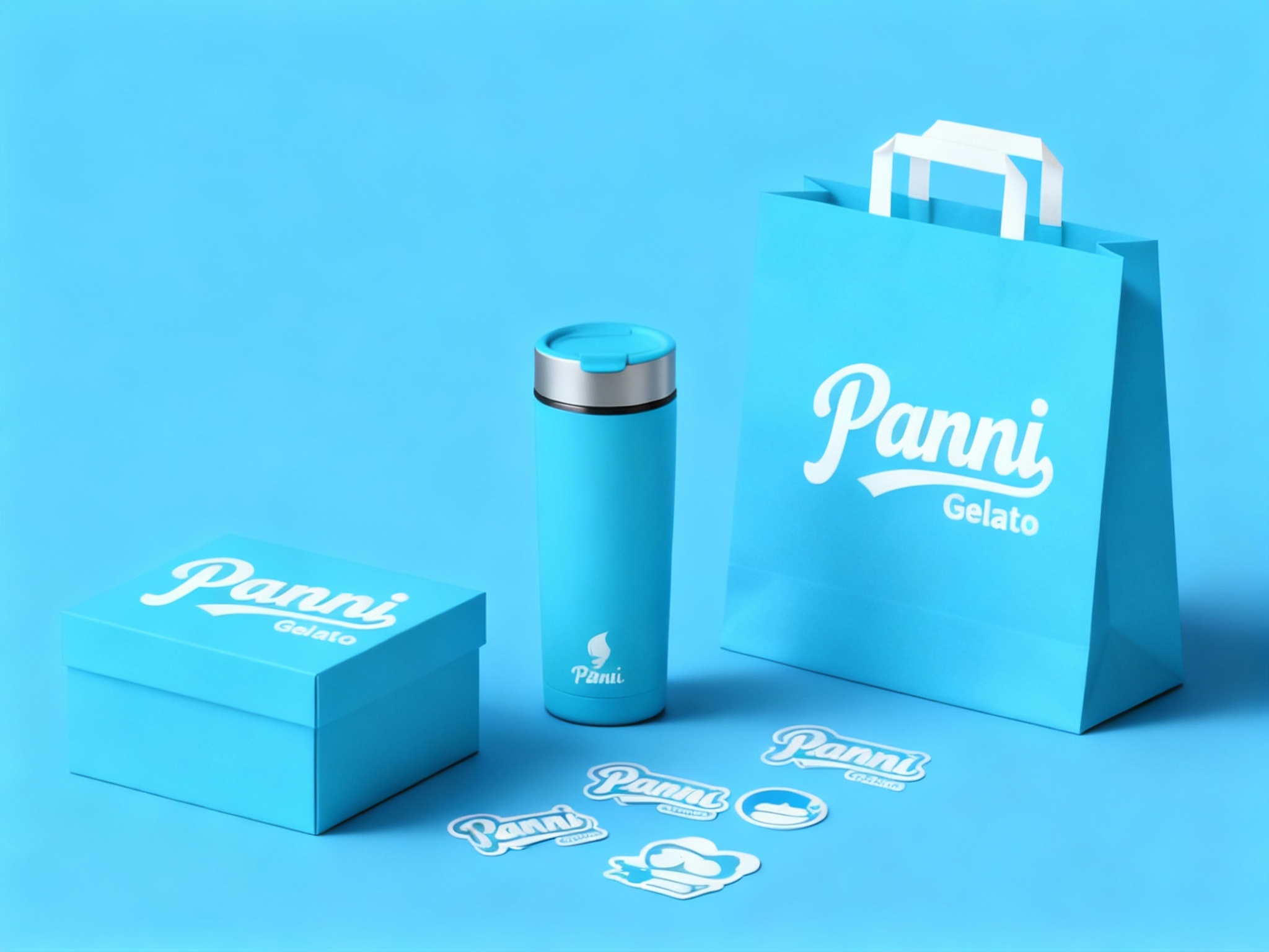 生成品牌周边展示图用主色 {主色} ，如礼盒、保温杯、手提袋、贴纸等，（将参考图中的LOGO）在各周边产品上合理呈现，延续品牌配色，造型简约高级，适合礼赠与品牌延展。