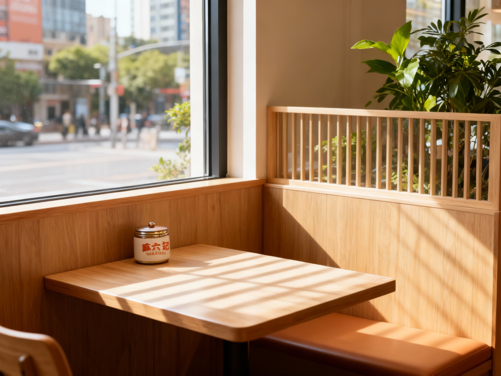 生成店内单人就餐区或窗边景观位。设计采用浅色原木定制的隔断，保证私密性。窗外是城市的街景或绿植。桌面上摆放着精致的调味罐，罐身上印有微小的（智能提取参考图中的LOGO主体并去除原背景）。阳光透过百叶窗洒在桌面上，形成有韵律的光斑，营造“一人食”的精致与安宁。