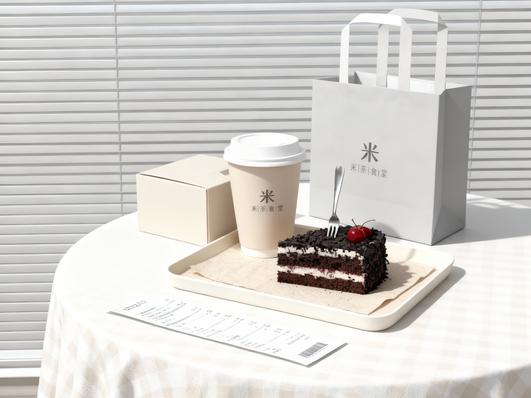 商业美食摄影，极简现代风格，柔和光线，白色圆形桌面铺米色格子桌布，背景浅灰色百叶窗，米色托盘内，米色垫纸上，米色咖啡杯（带白盖）斜靠蛋糕，黑森林蛋糕上的樱桃点缀画面，金属叉子插在蛋糕上，旁置米色手提盒与浅灰色手提袋，收据票平铺桌面。手提盒和咖啡杯上的品牌logo清晰可见，色彩对比鲜明
