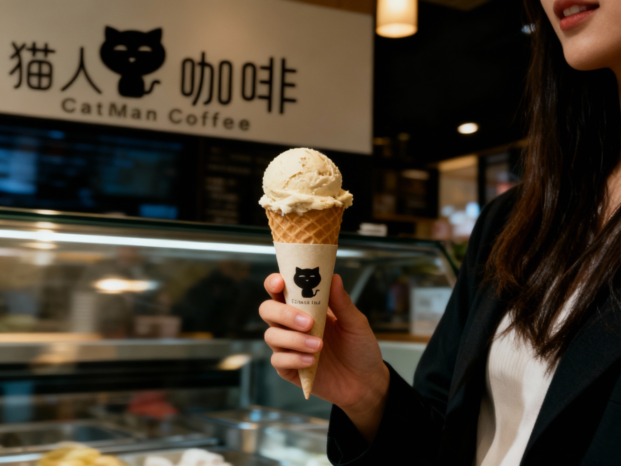 设计社交分享场景图，顾客手持带有（将参考图中的LOGO）的纯色冰淇淋纸筒拍照纸筒有好看的意式冰淇淋球，冰淇淋店场景中（将参考图中的LOGO）融入装修或物件，场景抓拍，独特的拍摄角度，非对称，动态模糊，低光环境，意境，自然色彩，丰富层次感，细腻画质，真实，光影变幻，虚化柔和过渡，胶片质感，电影质感，大师作品，光影自然，突出品牌时尚感和年轻气质。