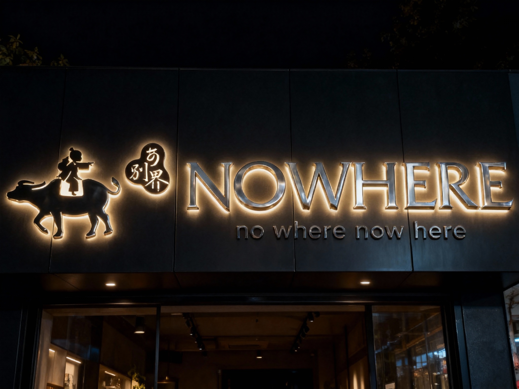 金属发光字门头特写，LOGO采用全金属包边LED发光字，安装于哑光黑铝扣板无缝拼接门头上，底板平整无拼接缝隙，黑夜场景，LED灯光柔和均匀，LOGO发光清晰不刺眼，门头整体简洁大气，辨识度高，适合连锁品牌门店