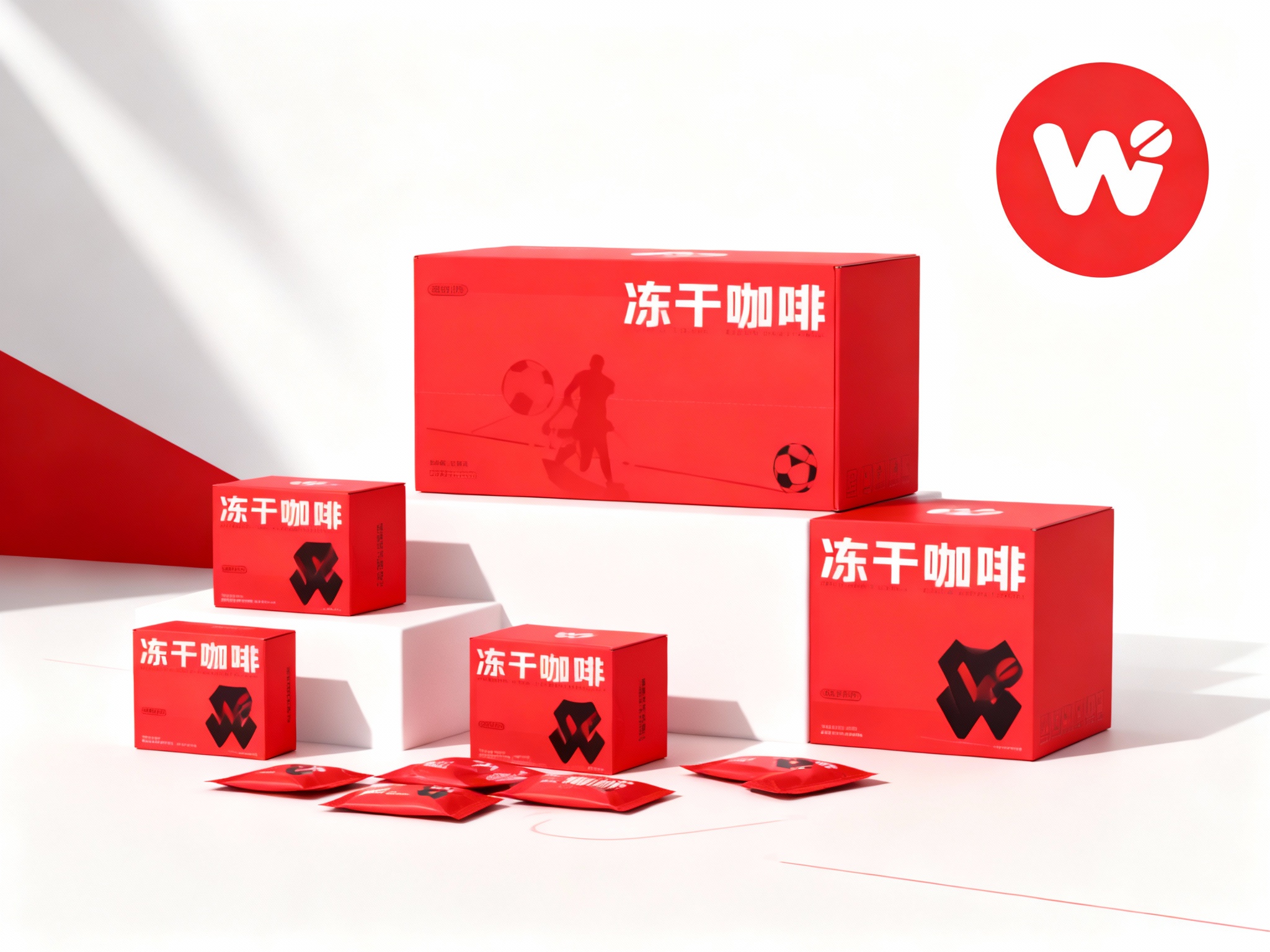 现代简约风格咖啡产品包装展示，（将参考图中的LOGO保持一致不要出现变形）白色背景搭配提供的品牌色（保持提示词的主色）几何色块。画面主体为多个品牌色包装盒，包括大盒（印有白色品牌名称和足球元素剪影）、小盒，均印有 “冻干咖啡” 字样和黑色品牌标识。包装盒下方散落着同色系的小包装袋。整体构图采用高低错落的排列方式，光线从左上角斜射，形成清晰的阴影，突出包装盒的立体感和色彩对比，展现产品系列的多样性与品牌视觉统一性，同时加入足球元素的剪影或线条作为点缀。