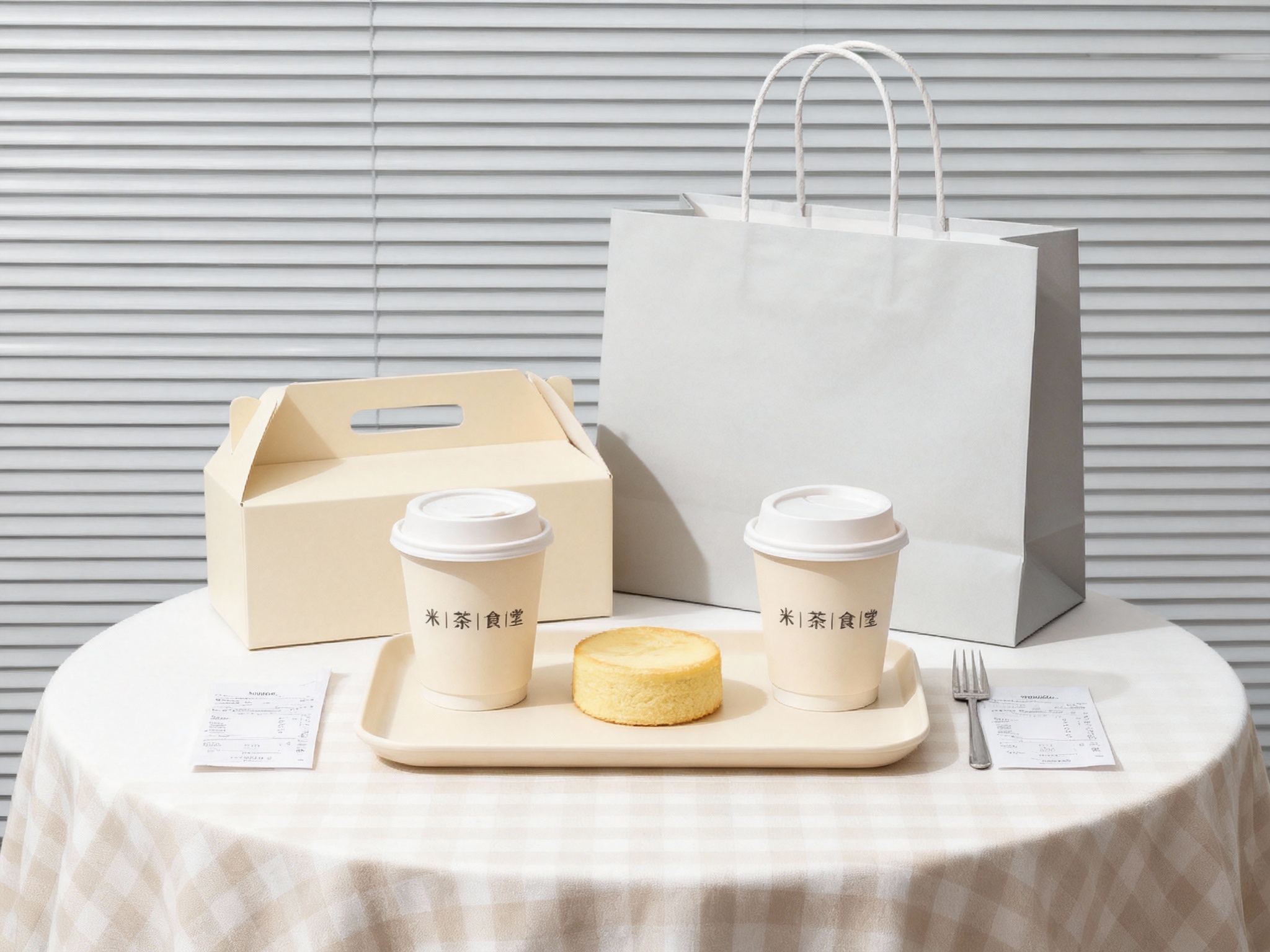 商业美食摄影，极简现代风格，柔和光线，白色圆形桌面铺米色格子桌布，背景浅灰色百叶窗，米色手提盒与浅灰色手提袋搭靠摆放，前方米色托盘上，两杯米色咖啡杯（一杯带盖一杯开盖）对称摆放，中间放圆形香草蛋糕，金属叉子与收据票分置两侧。手提盒和咖啡杯上有品牌logo，整体简洁高档