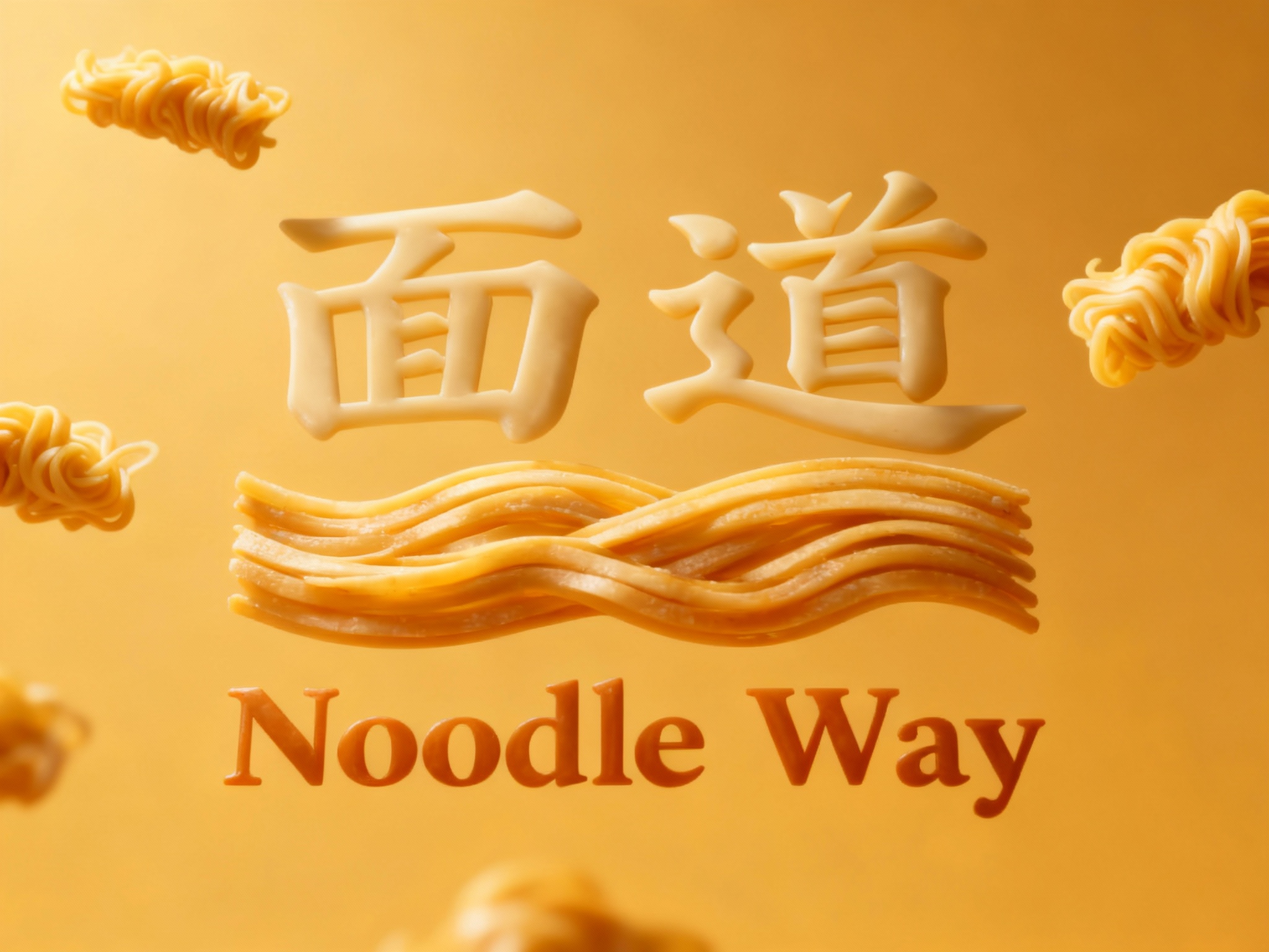 东方美学写实封面大片，几粒非常精致的面条漂在空中品牌色背景。整个画面呈现仰拍的摄影视角，将面条线（将参考图中的LOGO）形状完美呈现，仿佛在讲述一个关于传统与现代融合的故事。