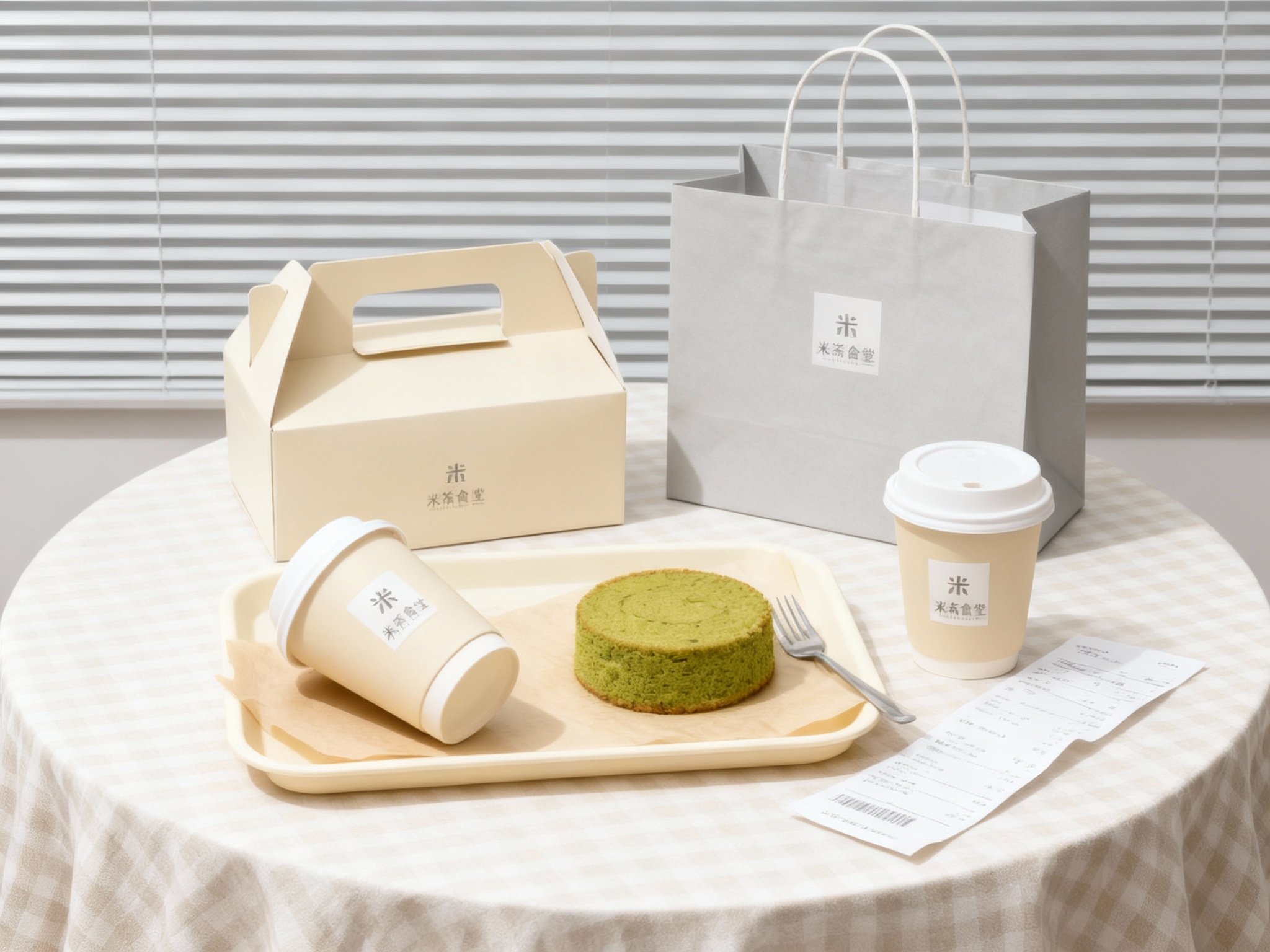 商业美食摄影，极简现代风格，柔和光线，白色圆形桌面铺米色格子桌布，背景浅灰色百叶窗，桌上摆米色精致手提盒（半开）与浅灰色手提袋，旁置米色大托盘，托盘内垫米色一次性垫纸，上面斜放米色咖啡杯（带白盖）、圆形抹茶蛋糕，金属叉子侧靠蛋糕，收据票随意平铺。手提盒和咖啡杯上清晰地贴有品牌的logo，画面简洁高级，突显茶饮周边精致质感