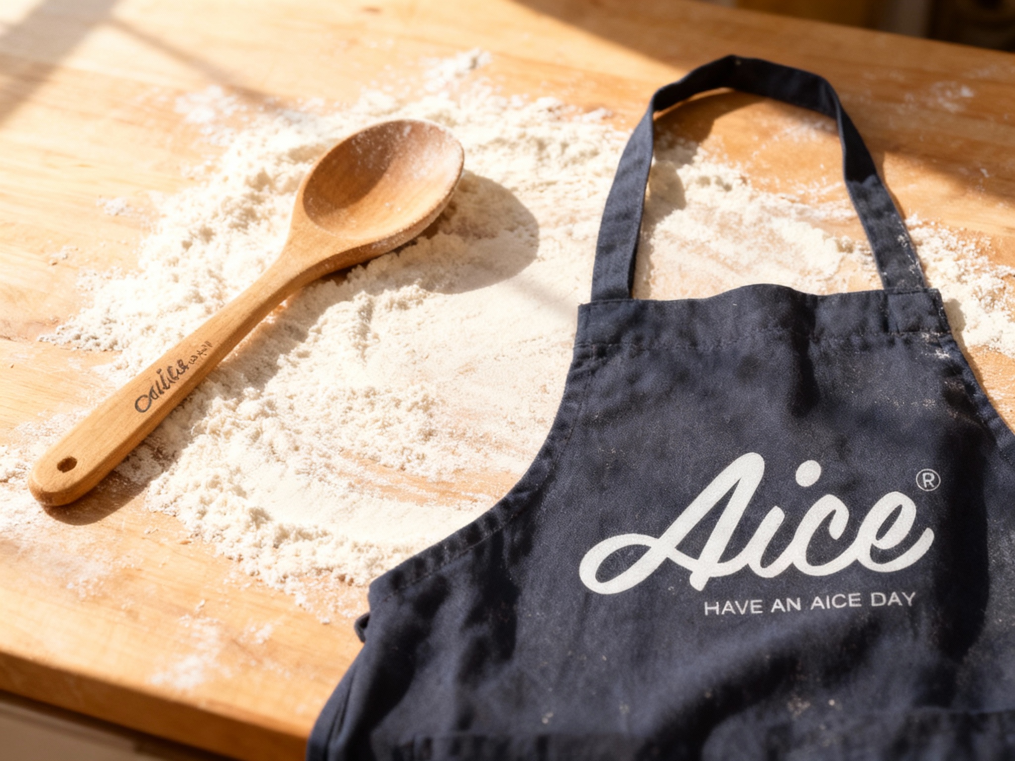 生成精致的品牌周边组合图。画面包含定制的木质面勺、帆布围裙、以及印有（智能提取参考图中的LOGO主体并去除原背景）的帆布袋。背景是铺满面粉的案板。光线明亮，模拟日光，展现品牌对面食文化的深度挖掘和生活美学的延展.