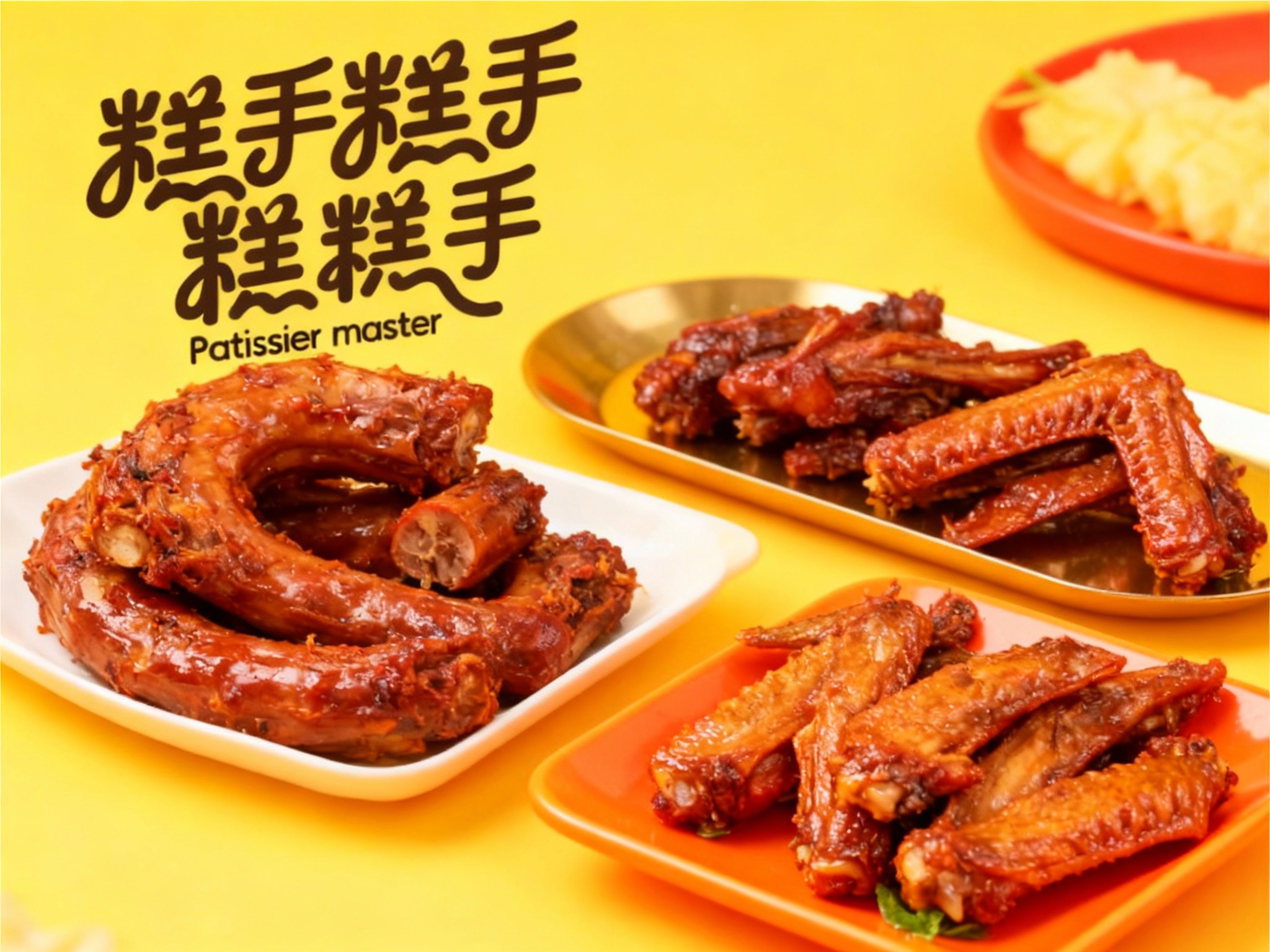 生成产品展示图，包含鸡脖、鸭脖、鸭翅、特色小吃等，使用色彩明快的托盘或餐具，背景简洁，LOGO突出，光影自然，产品色泽鲜明，视觉诱人。