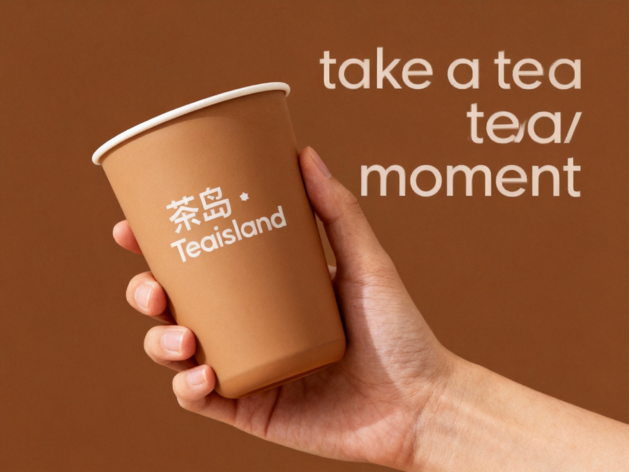 奶茶门店促销海报，以提供的主色调为背景底色，奠定温暖且具质感的视觉基调。画面核心视觉为一只肤色自然的手，端着一只哑光质感的品牌色（将参考图中的LOGO）在奶茶杯上清晰可见，手和奶茶杯比例协调，杯体简约无装饰，与背景形成鲜明色彩呼应，成为视觉焦点。海报上方，右侧用轻盈的英文书写 “take a tea moment” ，营造轻松邀请氛围 。文字排版规整，信息清晰易读，整体风格简约直接，精准传递奶茶门店温馨、美味且注重品质的品牌形象。