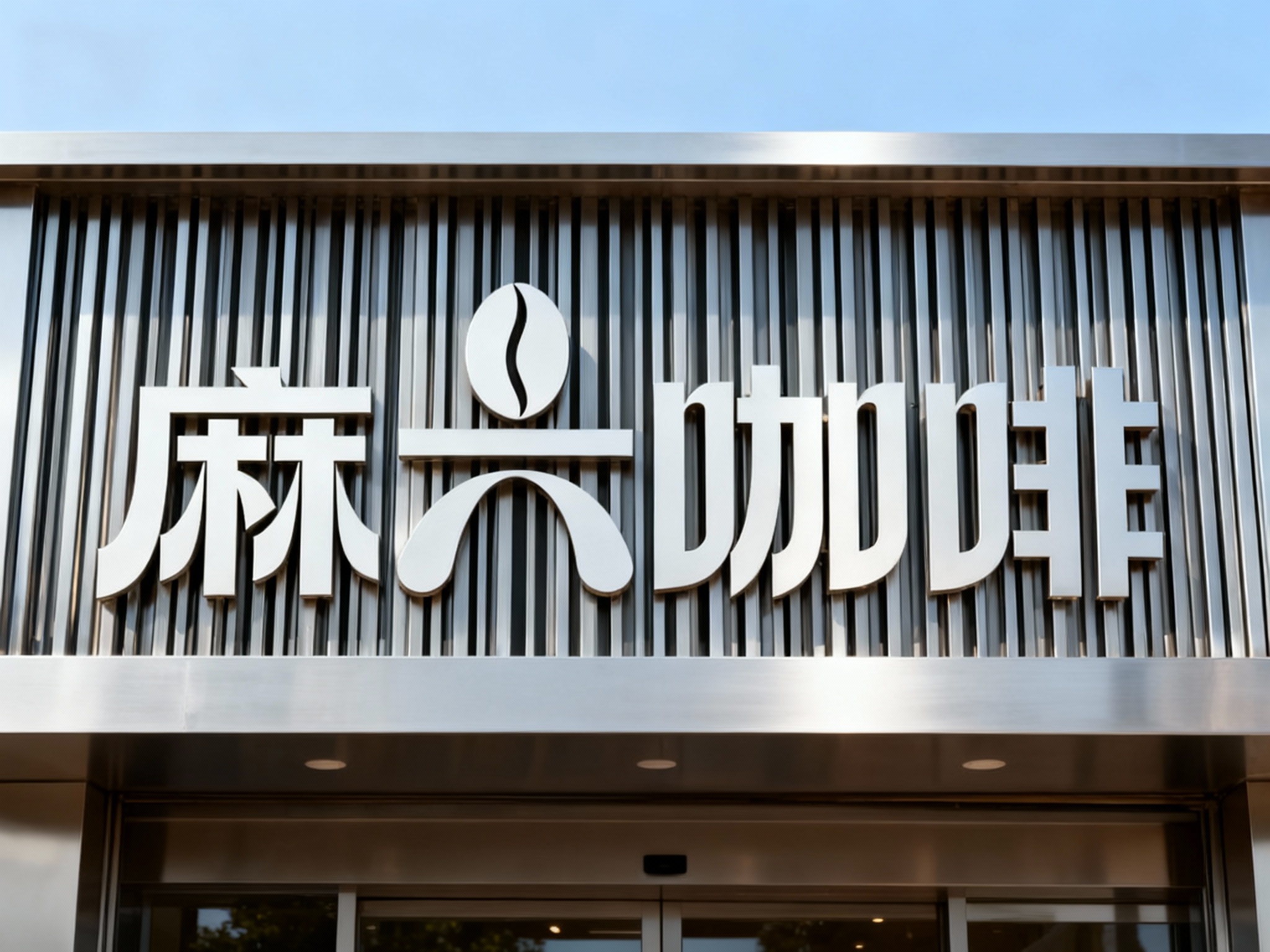 金属格栅门头特写，采用哑光不锈钢板材无缝拼接格栅，底板平整干净，LOGO以激光切割镂空工艺嵌入式安装于格栅中央，无外露连接件，白天自然光照射，金属质感细腻，凸显现代简约大气