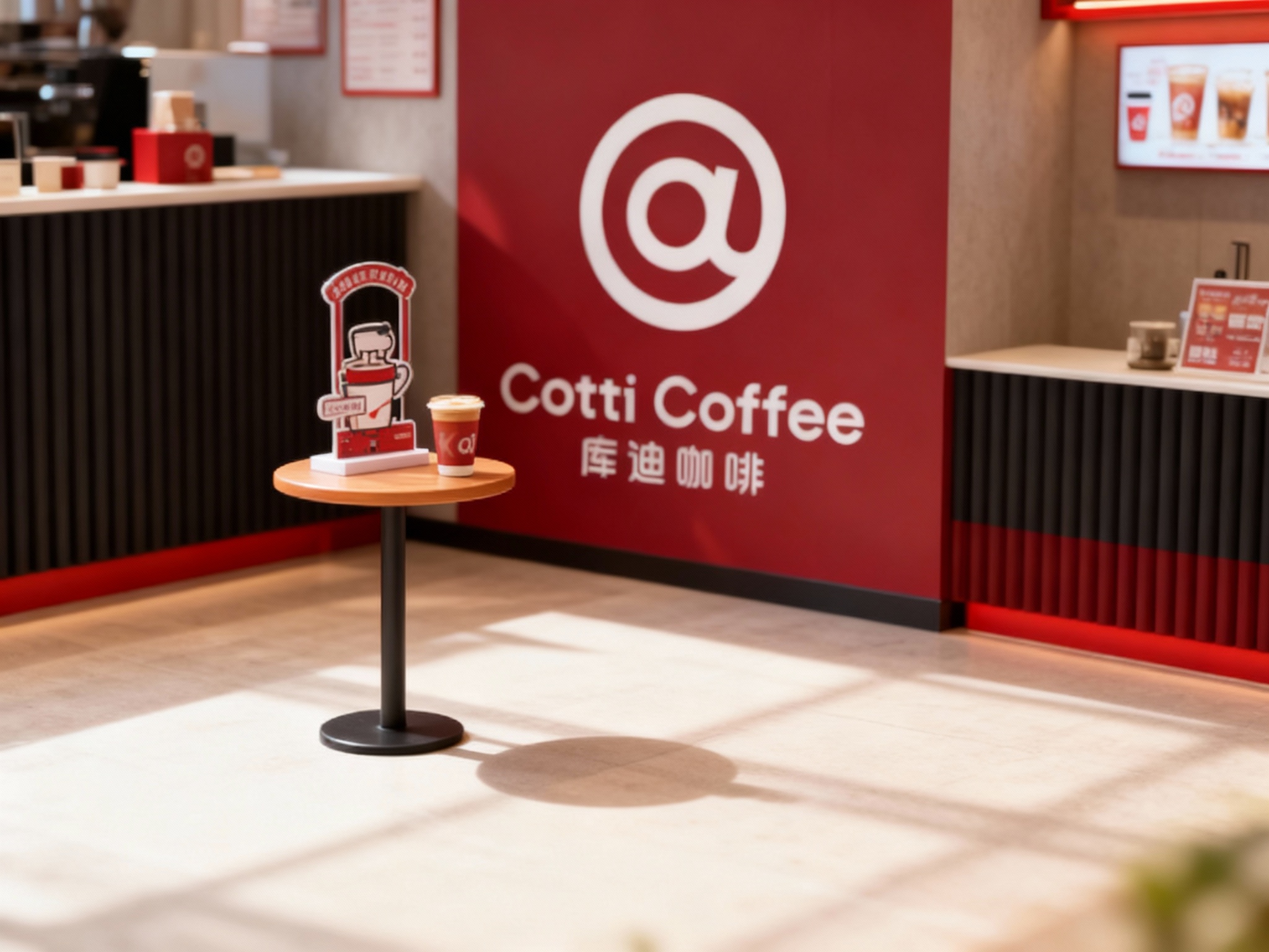 生成品牌体验区或小型咖啡桌场景，展示品牌互动装置或店内拍照打卡点，（将参考图中的LOGO及品牌色配色）融入场景装修或物件，环境温馨有质感，光线自然通透，背景墙采用库迪红作为点缀色，营造温馨氛围。
