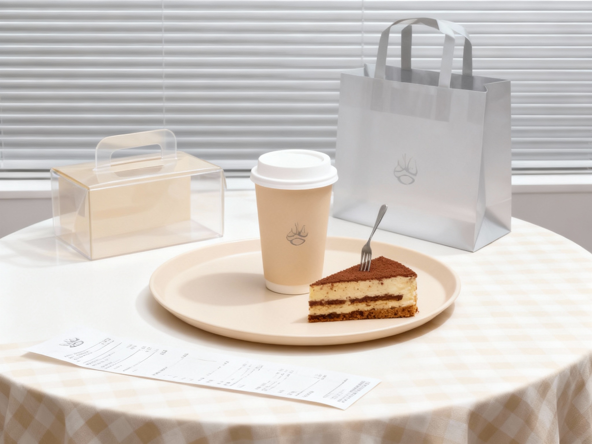 商业美食摄影，极简现代风格，柔和光线，白色圆形桌面铺米色格子桌布，背景浅灰色百叶窗，米色大托盘上，米色咖啡杯（带白盖）立在中央，旁边斜放提拉米苏蛋糕，金属叉子插在蛋糕边缘，托盘旁米色手提盒闭合，浅灰色手提袋半掩盒身，收据票平铺桌面。手提盒和咖啡杯上有品牌logo，质感通透