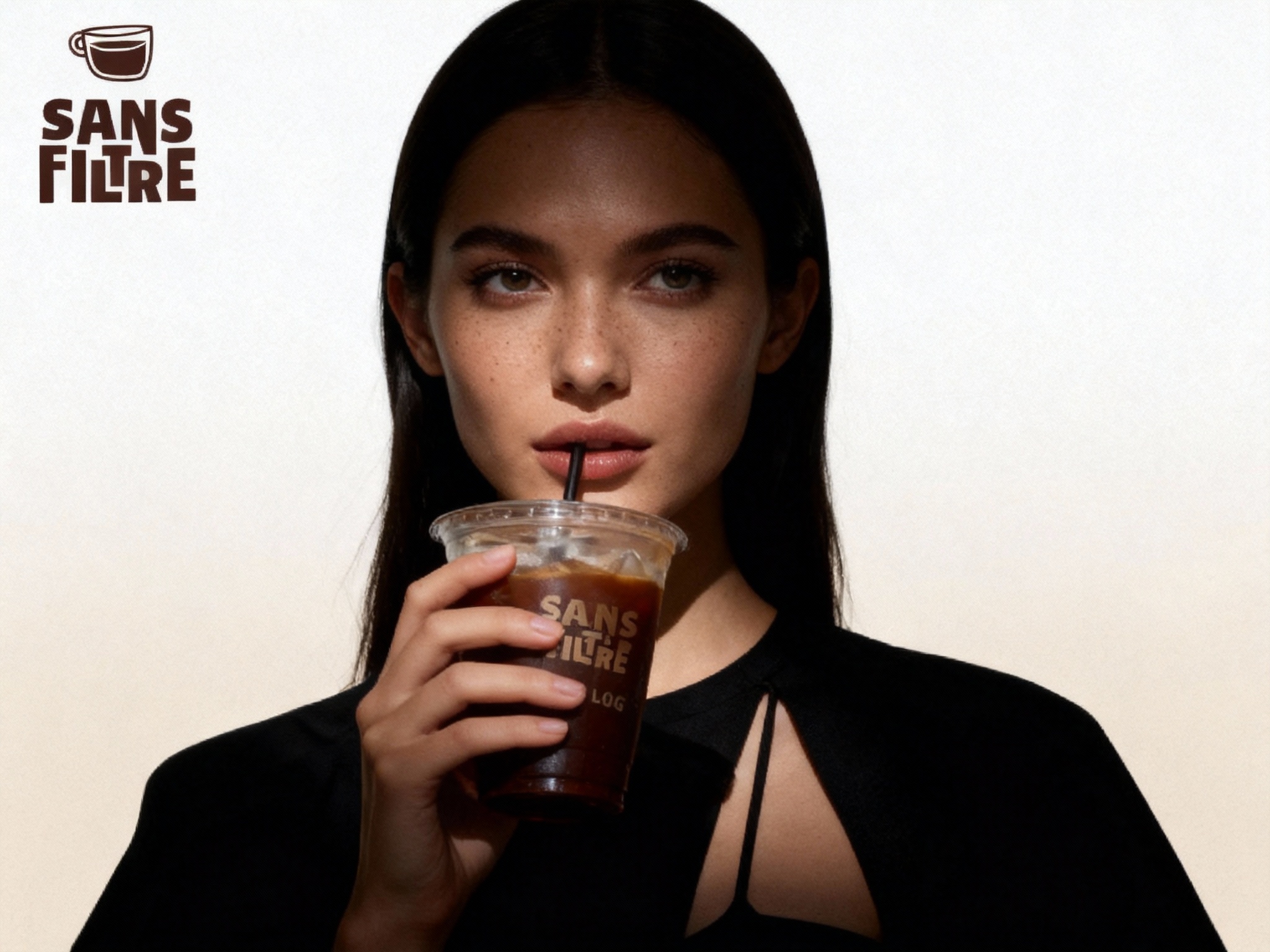 设计品牌海报，时尚剪影摄影风格,时尚大片,一个女生模特,穿着时尚黑色服装手拿带有（将参考图中的LOGO）的冰美式咖啡，（将参考图中的LOGO）位于左上角或右上角（根据实际情况设置），清晰的毛孔,肌肤真实细节,产品剪影,品牌色向白色渐变背景,特写镜头,平视视角,高清分辨率,高细节,背景为米白色，LOGO位于左上角，模特手持印有LOGO的冰美式咖啡杯，整体画面简洁时尚。