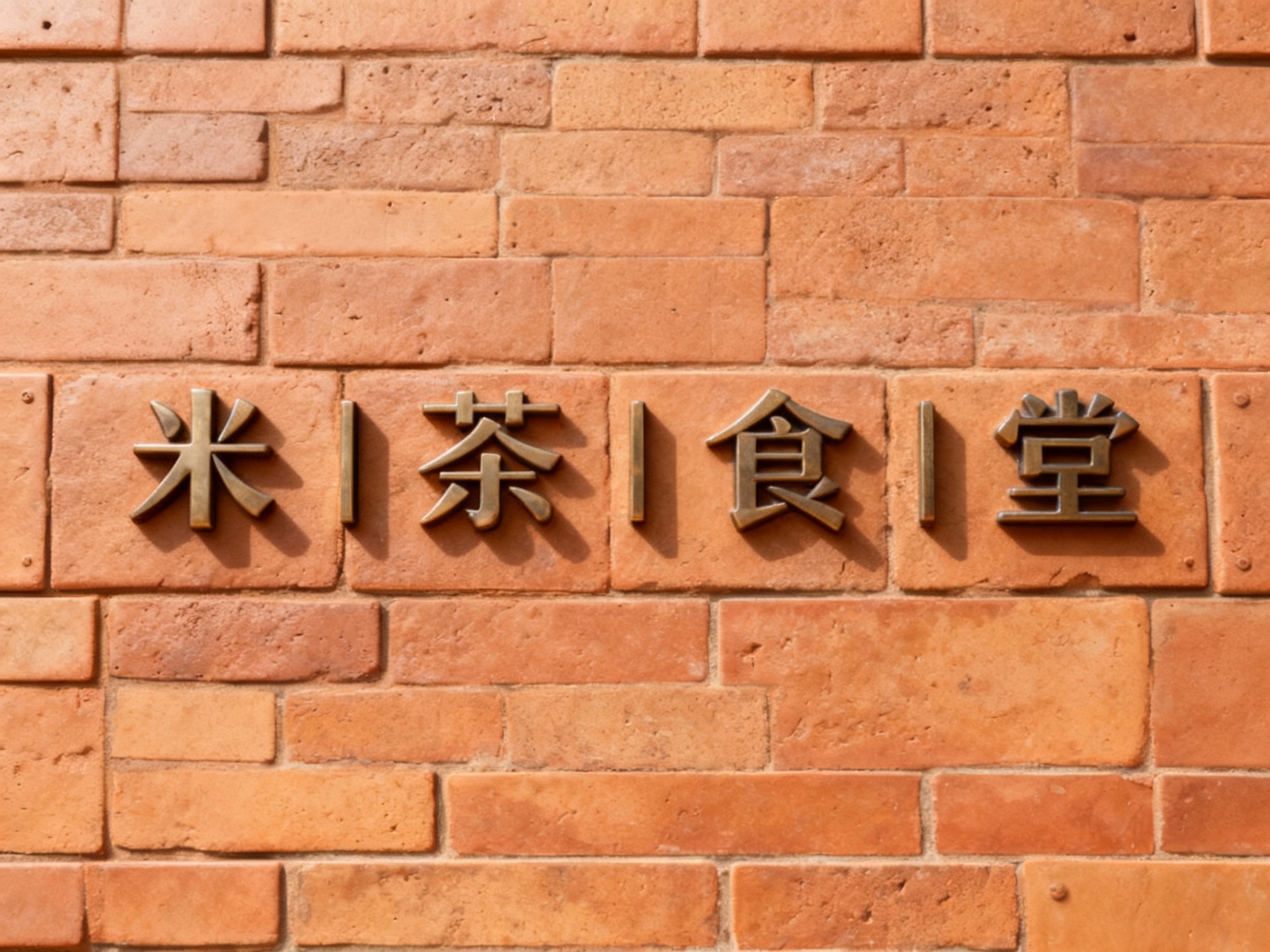 陶土砖纹门头特写，墙面采用仿陶土砖纹理的哑光陶瓷板无缝铺贴，底板无粗糙颗粒，LOGO采用哑光金属立体字嵌入式安装，无外露固定件，白天自然光下，金属色与砖纹质感协调，现代复古风适配高端门店