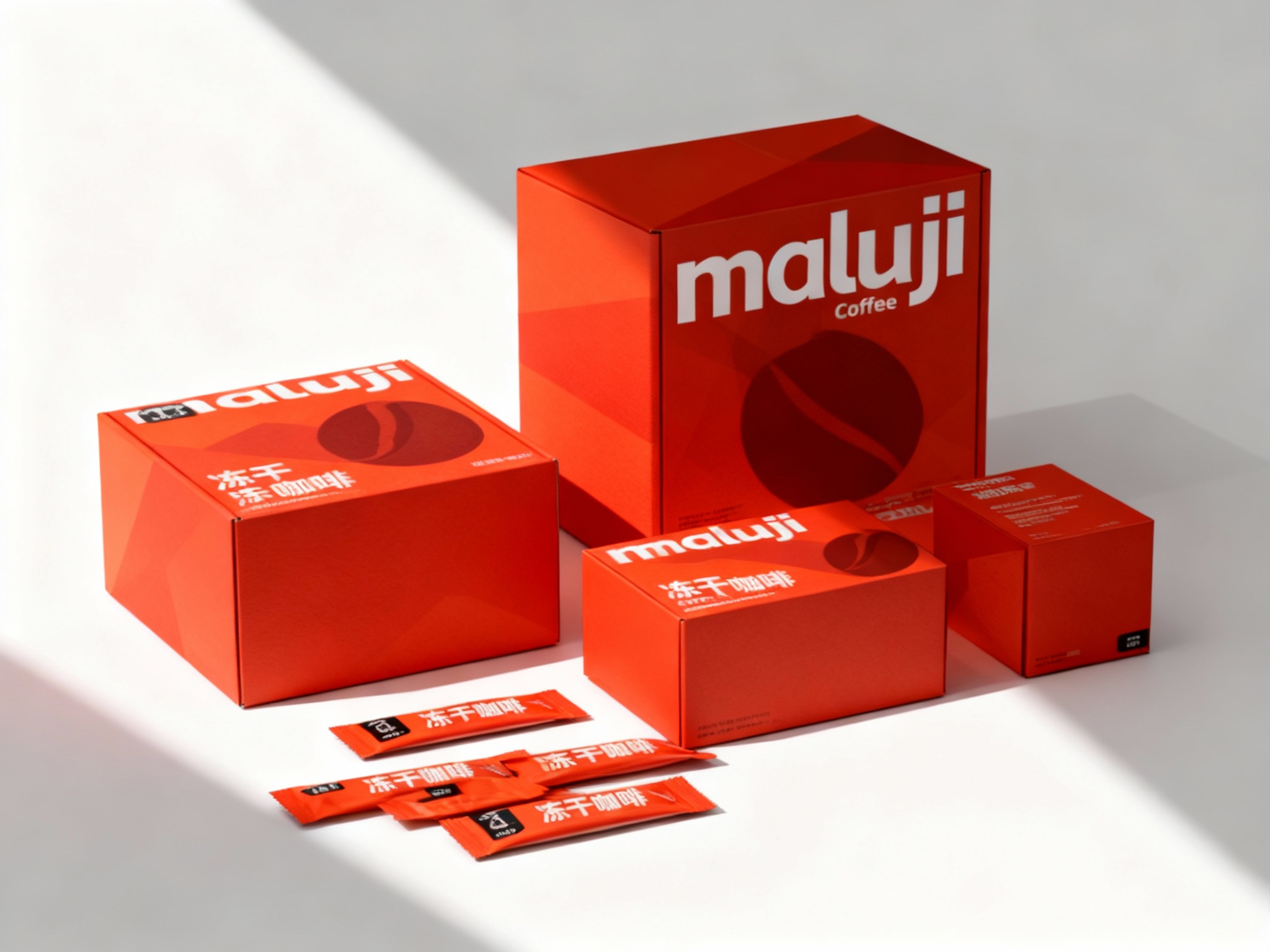 现代简约风格咖啡产品包装展示，（将参考图中的LOGO保持一致不要出现变形）白色背景搭配提供的品牌色（保持提示词的主色）几何色块。画面主体为多个品牌色包装盒，包括大盒（印有白色品牌名称和咖啡豆剪影）、小盒，均印有 “冻干咖啡” 字样和黑色品牌标识。包装盒下方散落着同色系的小包装袋。整体构图采用高低错落的排列方式，光线从左上角斜射，形成清晰的阴影，突出包装盒的立体感和色彩对比，展现产品系列的多样性与品牌视觉统一性。