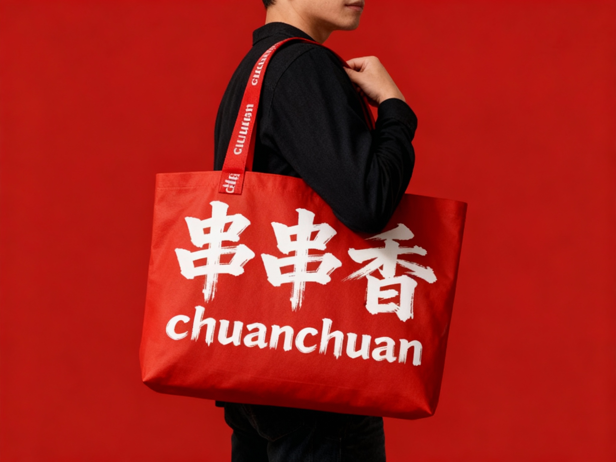 一个人背着主色手提袋，品牌色肩带点缀（将参考图中的LOGO保持一致性不要变形）在手提袋上清晰可见，营造时尚、有品牌标识性的氛围，可展示潮流品牌的手提袋设计及实际使用效果，红色背景与白色文字形成强烈对比。