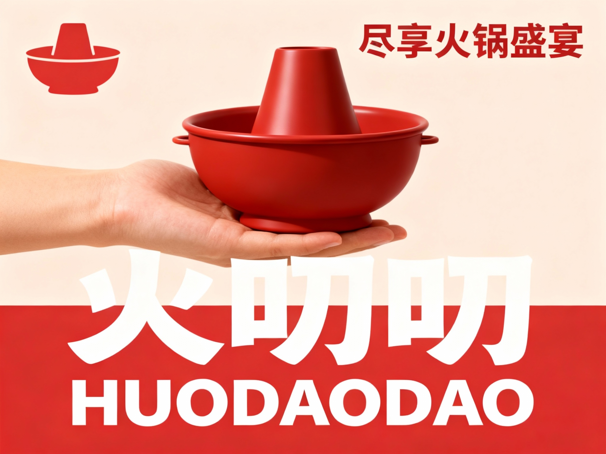 火锅门店促销海报，以提供的主色调为背景底色，奠定热烈且具质感的视觉基调。画面核心视觉为一只肤色自然的手，端着一只哑光质感的品牌色（将参考图中的LOGO）在火锅锅上清晰可见，手和火锅锅比例协调，锅体简约无装饰，与背景形成鲜明色彩呼应，成为视觉焦点。海报上方，右侧用轻盈的中文书写 “尽享火锅盛宴” ，营造轻松邀请氛围 。文字排版规整，信息清晰易读，整体风格简约直接，精准传递火锅店温馨、美味且注重品质的品牌形象 。