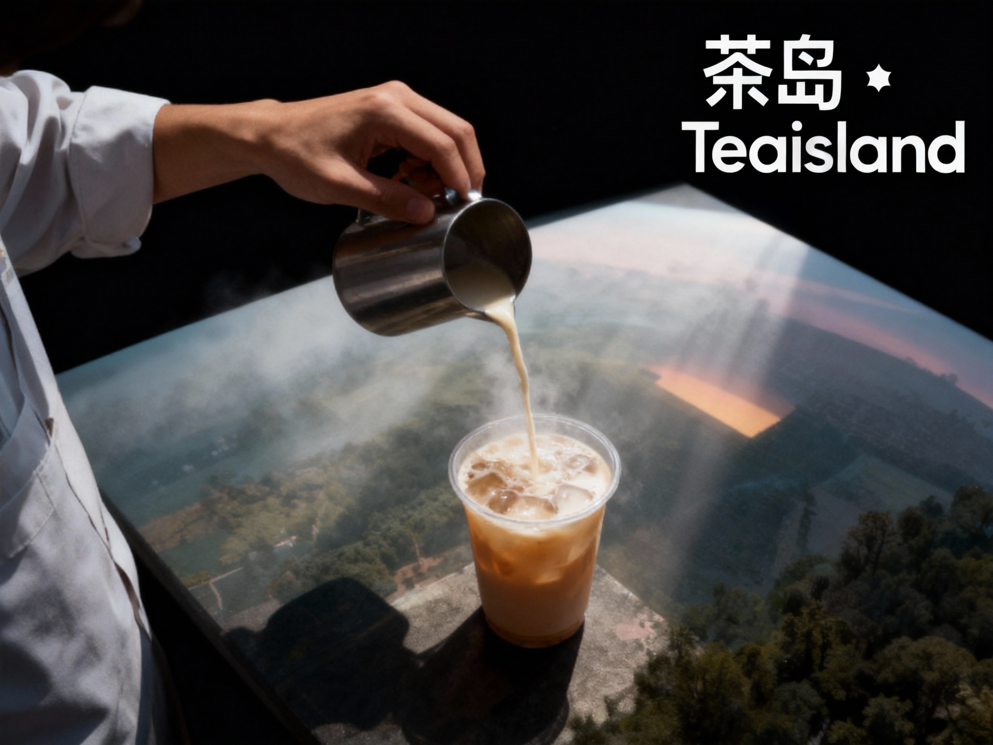 设计品牌宣传海报，画面干净，（将参考图中的LOGO ）位于左上角或右上角（根据实际情况设置），大师作品，电影海报，超高质量，超精细，高级英文排版，摄影，丁达尔光效，朦胧，俯视，远景，极简，简单，极简风格，大面积留白，James Turrell，背景是奶茶师冲泡奶茶的景象，压迫感，超现实主义+极简主义 + 简单色块+ 马卡龙配色+ 摄影艺术 + 细节丰富+ 封面美学 +黑色背景+电影级照明，4k高清，排版简洁有视觉冲击力，符合社交平台分享特性。