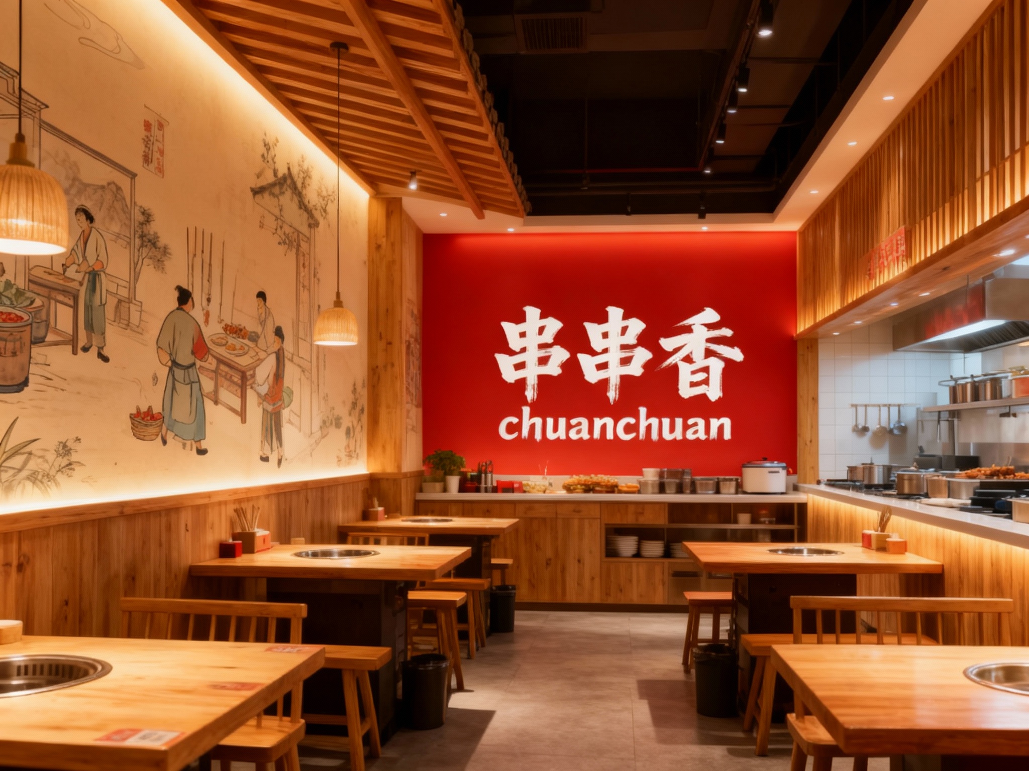 设计店内空间效果图，展示用餐区、厨房区、墙面装饰传统与现代结合的插画或摄影，运用原木搭配暖色调灯光材质（将参考图中的LOGO）融入场景装修或物件中，光线温暖自然，突出空间舒适感与融合质感，红色背景墙作为品牌标志性元素。