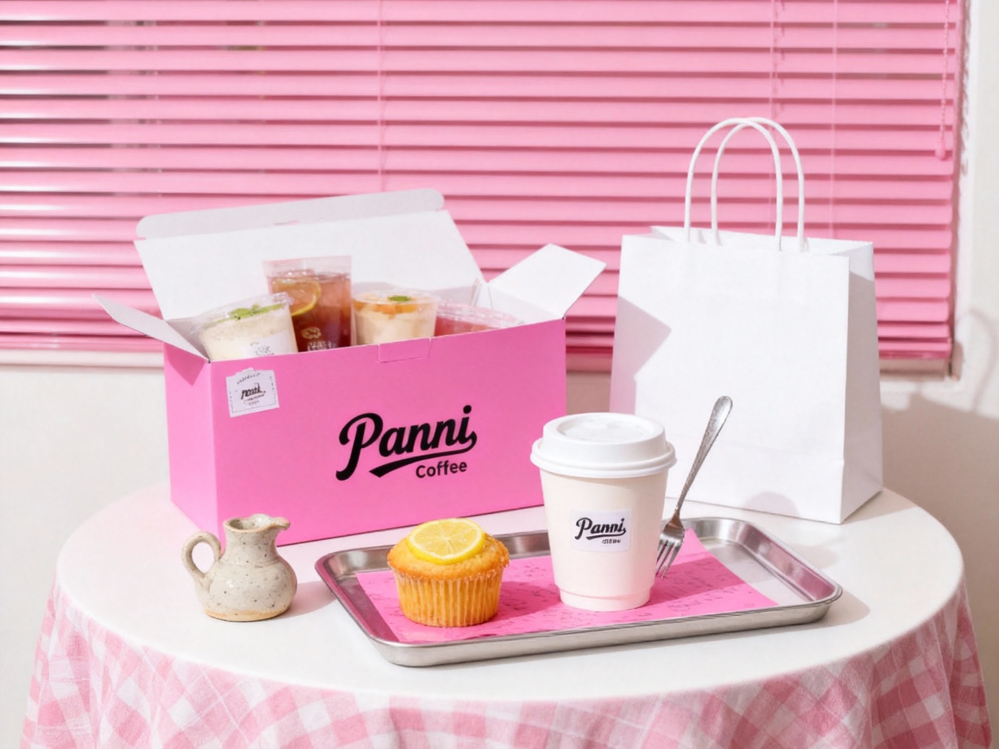 商业美食摄影，极简现代风格，明亮光线，白色圆形桌面铺粉色格子桌布，背景粉色百叶窗，粉色手提盒半开露出奶茶周边，白色手提袋摆在盒旁，前方托盘内，粉色垫纸上放着带白盖的咖啡杯、柠檬玛芬蛋糕，金属叉子斜靠杯身，旁边放置一件手工陶瓷制品。手提盒和咖啡杯上贴有品牌logo，画面清新高级