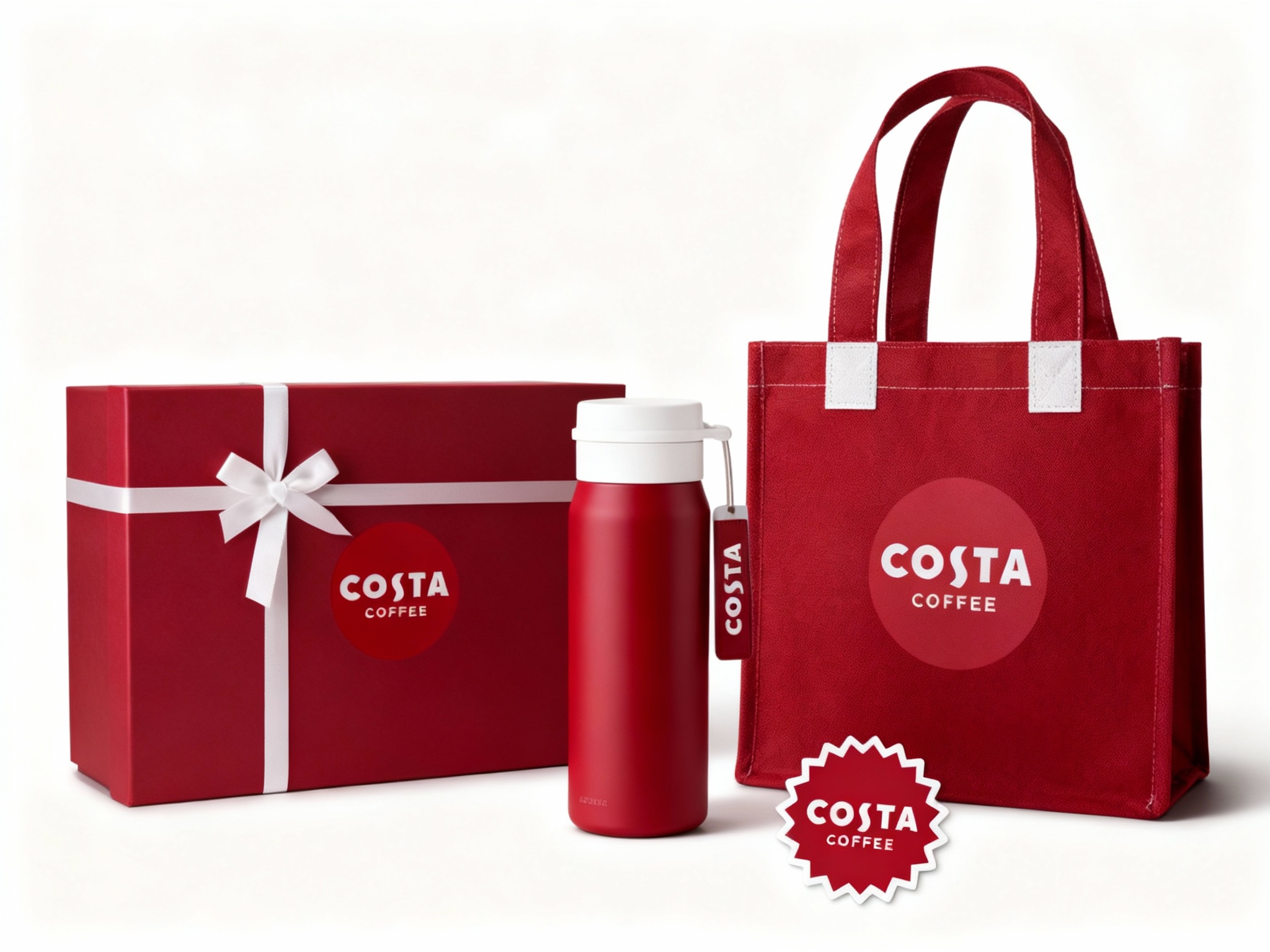 生成品牌周边展示图，如礼盒、保温杯、手提袋、贴纸等，（将参考图中的LOGO）在各周边产品上合理呈现，延续品牌配色，造型简约高级，适合礼赠与品牌延展。