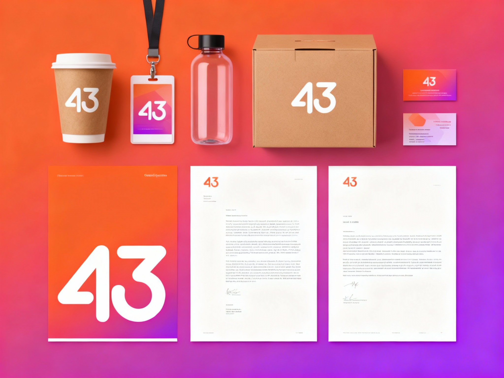 生成公司办公VI展示图，品牌VI展示，它包括纸质杯、员工工牌、水杯、纸盒、印刷海报、名片、小册子、信纸设计、纯色、简单的背景、平面布局和极简美学、高分辨率摄影、高质量细节、高细节，顶级商业表现形式延续品牌色调，（将参考图中的LOGO 保持一致不要出现变形）在相应载体上合理呈现，突出饮品质感与品牌形象。