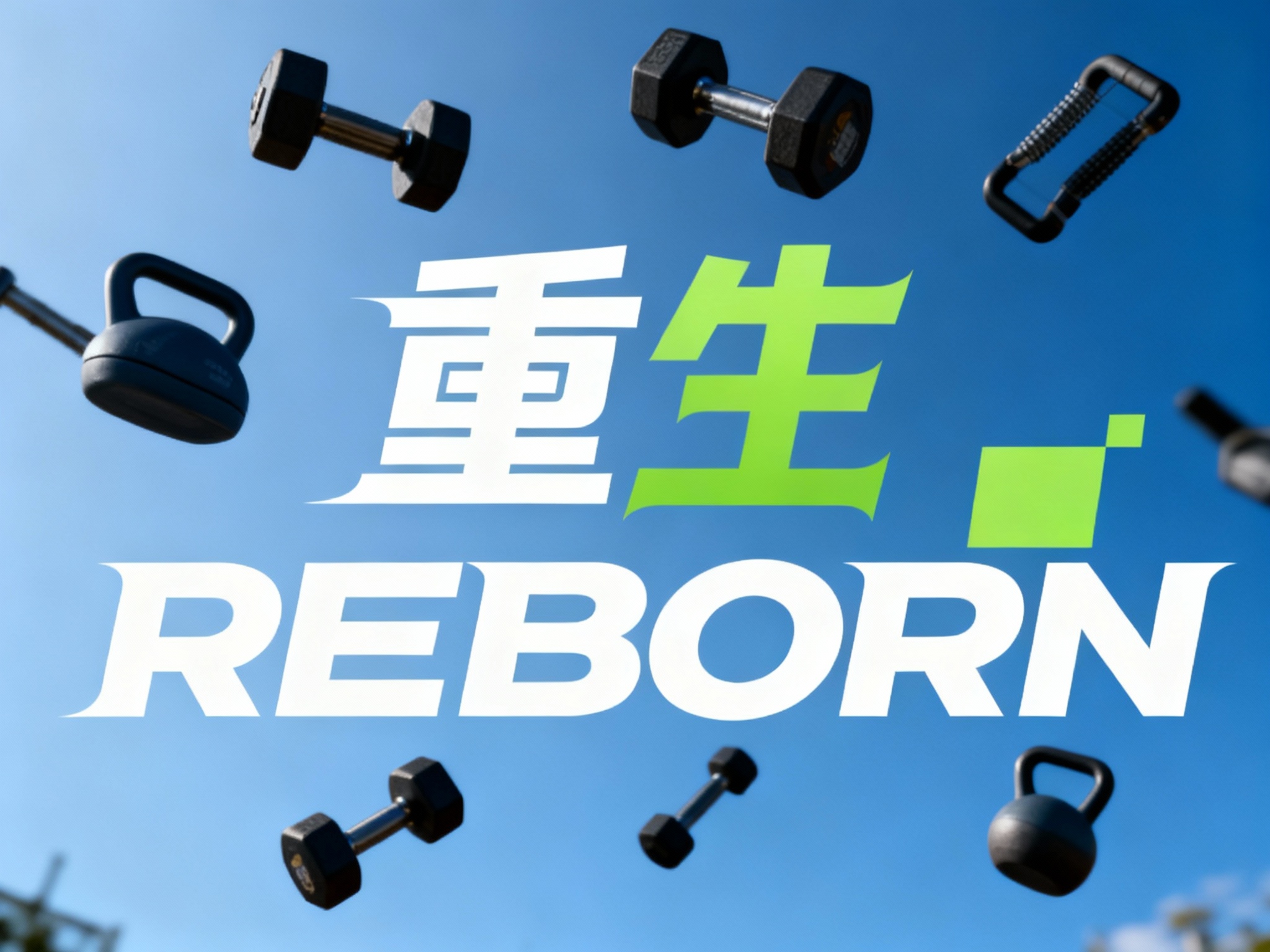 西方美学写实封面大片，非常精致的健身小器材漂在空中品牌色背景。整个画面呈现仰拍的摄影视角，将器材形状与（将参考图中的LOGO）形状完美融合呈现，仿佛在讲述一个关于活力与品质的故事。