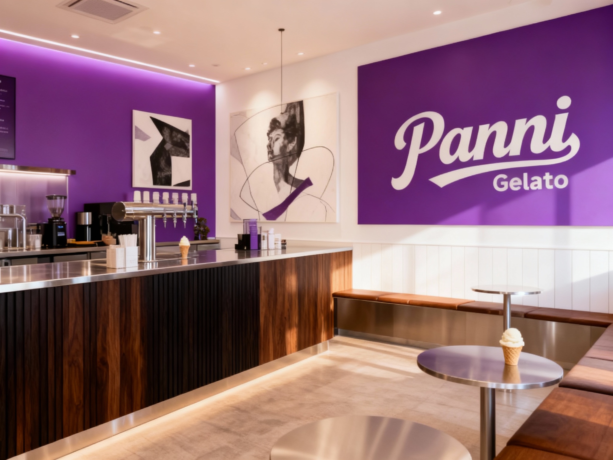 设计冰淇淋店内空间效果图，展示吧台、座位区、墙面装饰高级抽象插画或黑白摄影，运用黑胡桃木搭配银色不锈钢材质（将参考图中的LOGO）融入场景装修或物件中，光线温暖自然，突出空间舒适感与现代质感，整体色调以紫色和白色为主，营造简约高级氛围。