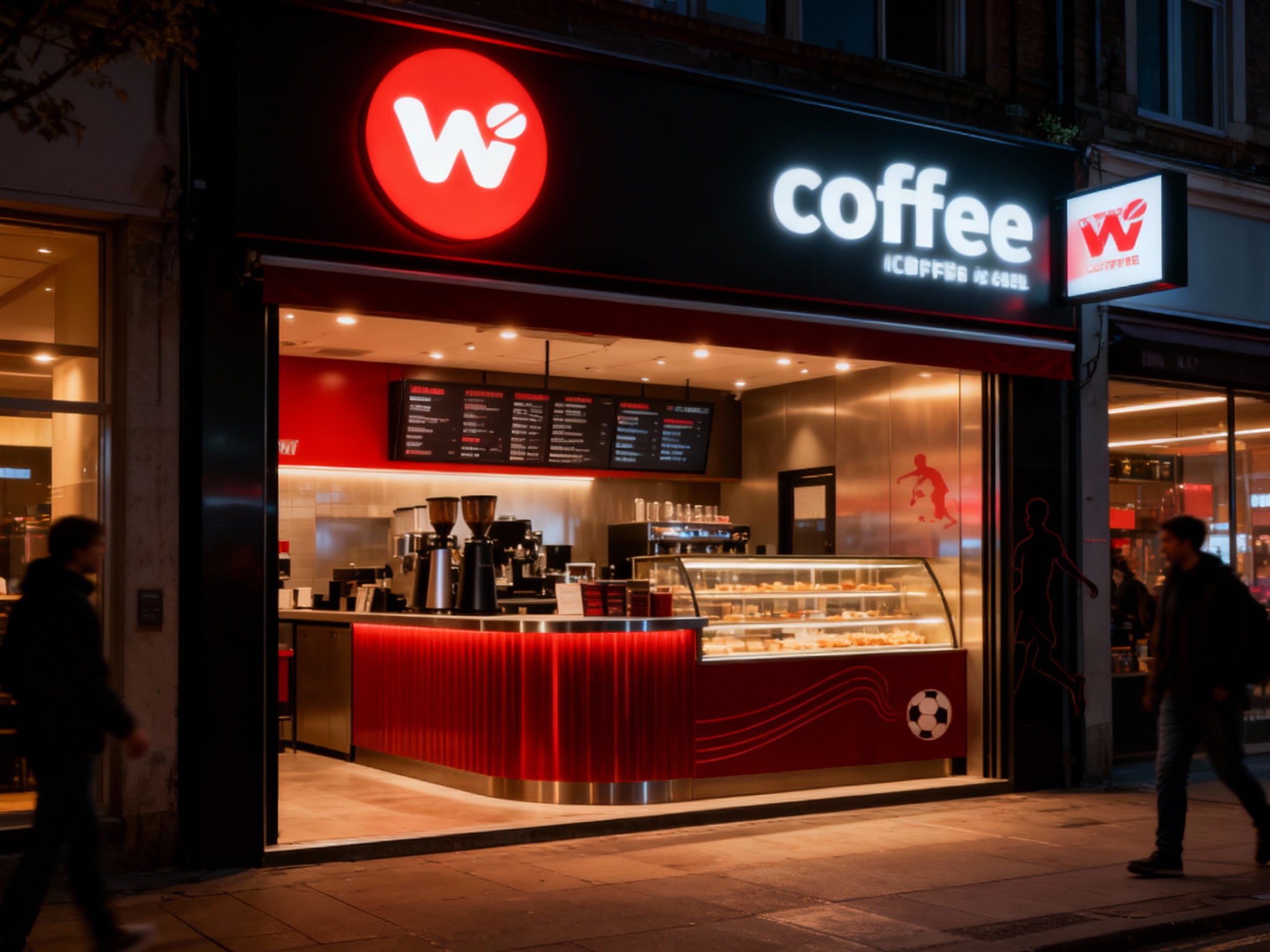 设计夜景门头及灯箱效果图，（将参考图中的LOGO）光亮温暖，咖啡店的内部场景，上方有发光的（将参考图中的LOGO）标识，下方是咖啡制作区域和展示柜，柜台上有菜单，整体装修风格运用红黑配色搭配金属质感材料，现代，灯光温暖，街区环境和路人自然呈现，同时加入足球元素的剪影或线条作为点缀。