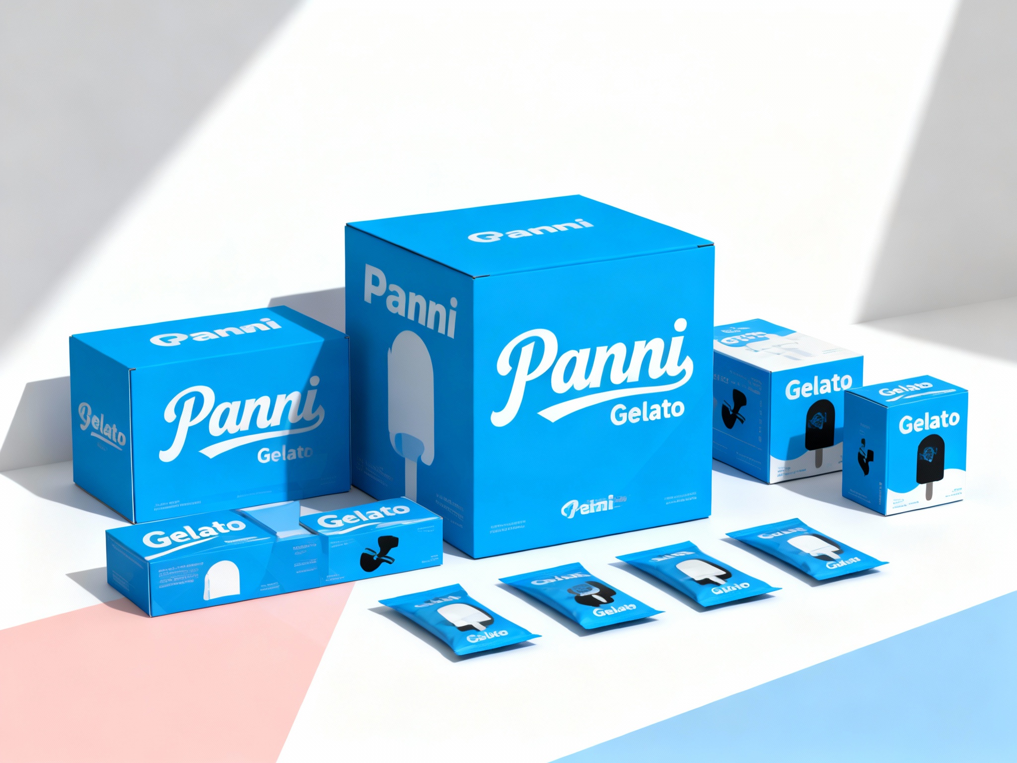 现代简约风格冰淇淋产品包装展示，（将参考图中的LOGO保持一致不要出现变形）白色背景搭配提供的用主色 {主色} 几何色块。画面主体为多个品牌色包装盒，包括大盒（印有白色品牌名称和冰淇淋剪影）、小盒，均印有 “Gelato” 字样和黑色品牌标识。包装盒下方散落着同色系的小包装袋。整体构图采用高低错落的排列方式，光线从左上角斜射，形成清晰的阴影，突出包装盒的立体感和色彩对比，展现产品系列的多样性与品牌视觉统一性。