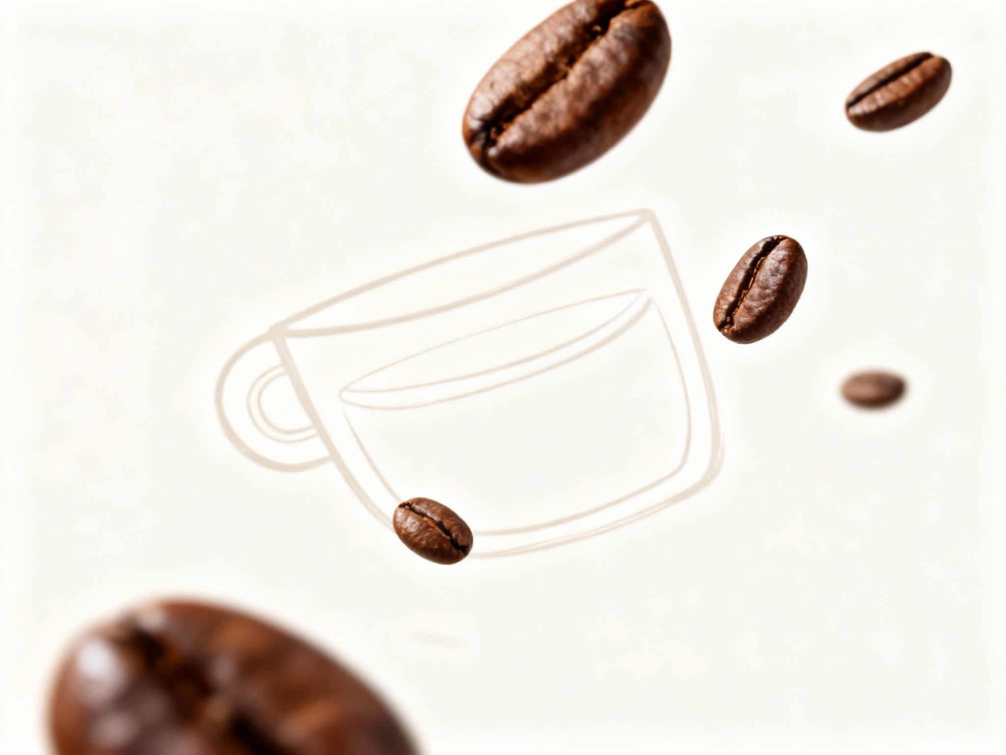 东方美学写实封面大片，几粒非常精致的咖啡豆漂在空中品牌色背景。整个画面呈现仰拍的摄影视角，将咖啡豆线（将参考图中的LOGO）形状完美呈现，仿佛在讲述一个关于时尚与独立的故事，背景为米白色，LOGO以手绘风格呈现，咖啡豆漂浮在空中，整体画面富有艺术感。
