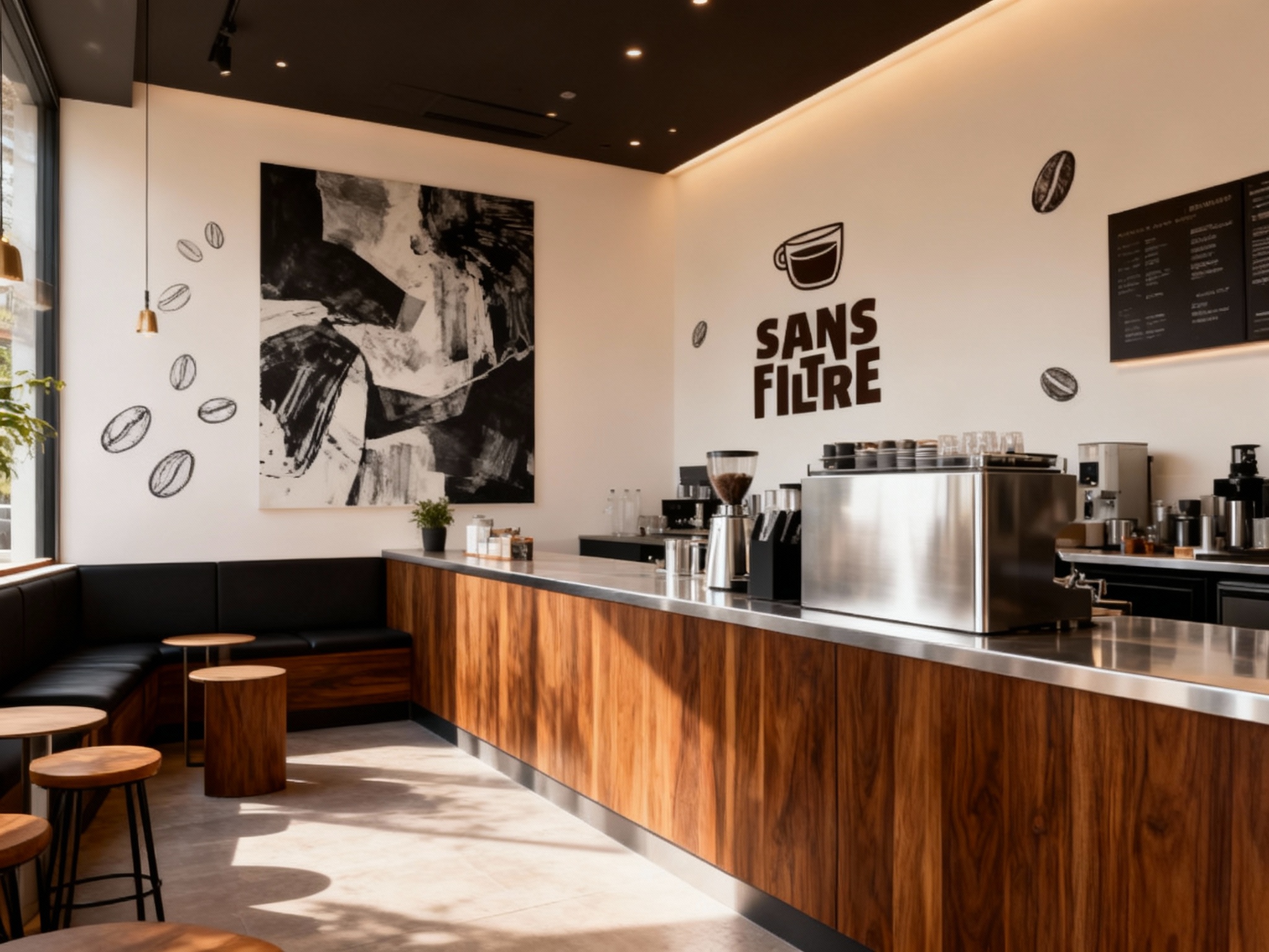 设计店内空间效果图，展示吧台、座位区、墙面装饰高级抽象插画或黑白摄影，运用黑胡桃木搭配银色不锈钢材质（将参考图中的LOGO）融入场景装修或物件中，光线温暖自然，突出空间舒适感与现代质感，墙面可加入手绘风格的咖啡豆图案作为点缀。