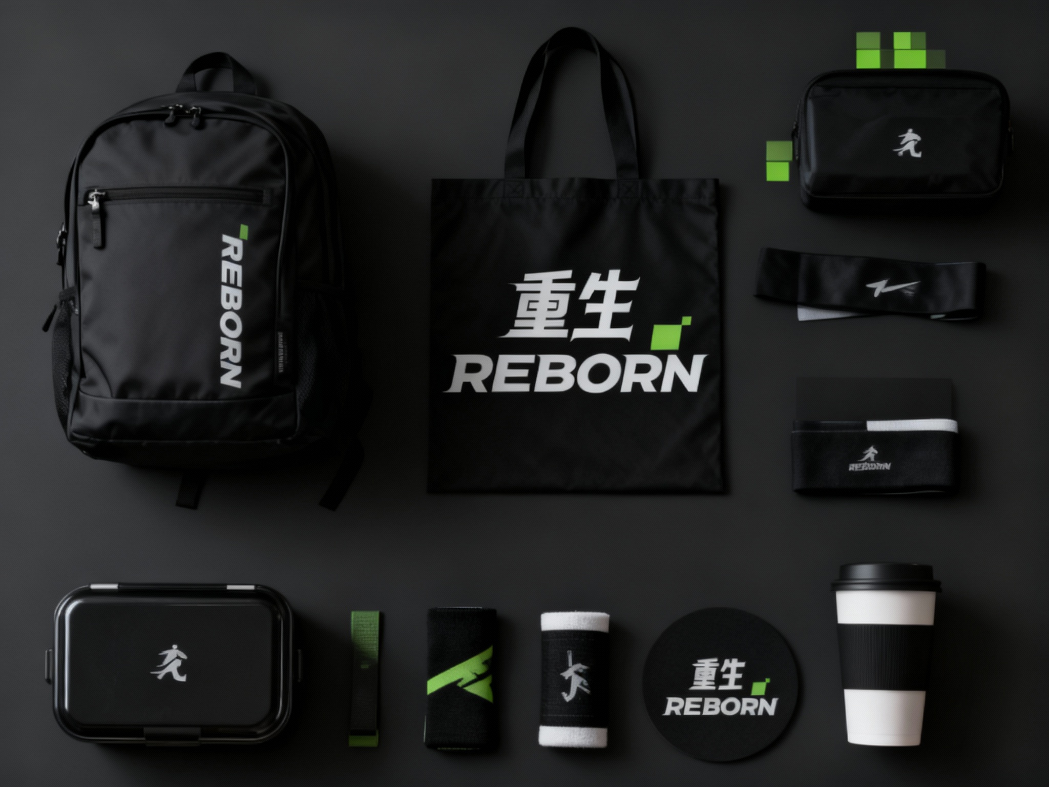 设计健身器材及用品平铺拍摄图，包含运动背包、手提袋、健身收纳盒、运动护腕、运动发带、杯垫等，（将参考图中的LOGO 保持一致不要出现变形）延续#品牌主色在各产品上清晰展示，色彩统一，光影柔和，呈现高级整洁感。