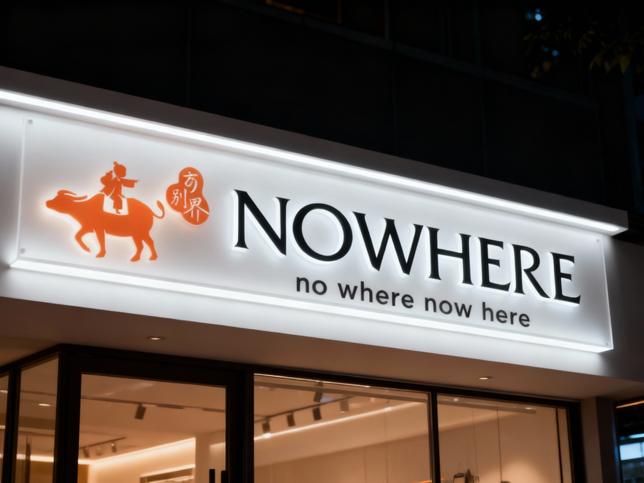 亚克力背光门头特写，LOGO采用双层亚克力板（外层哑光+内层透光），内置隐藏式LED灯带，安装于极简白色铝型材无缝门头上，底板无外露线路或连接件，黑夜场景，LOGO柔和发光，边缘平整无毛刺，质感高级，适合精品店