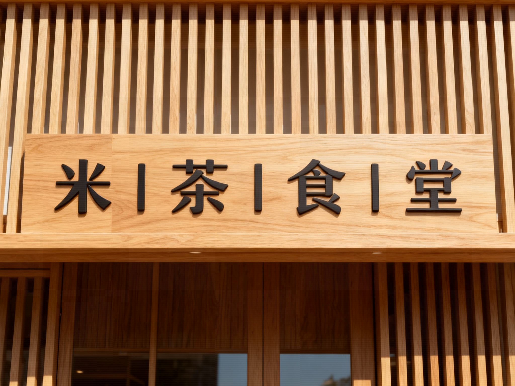 极简木质格栅门头特写，采用进口白蜡木格栅经哑光清漆处理，无缝拼接成型，底板无毛刺或钉痕，LOGO以激光雕刻+填色工艺呈现，表面光滑无凸起，白天自然光照射，木纹肌理清晰，适配高端茶饮/简餐门店