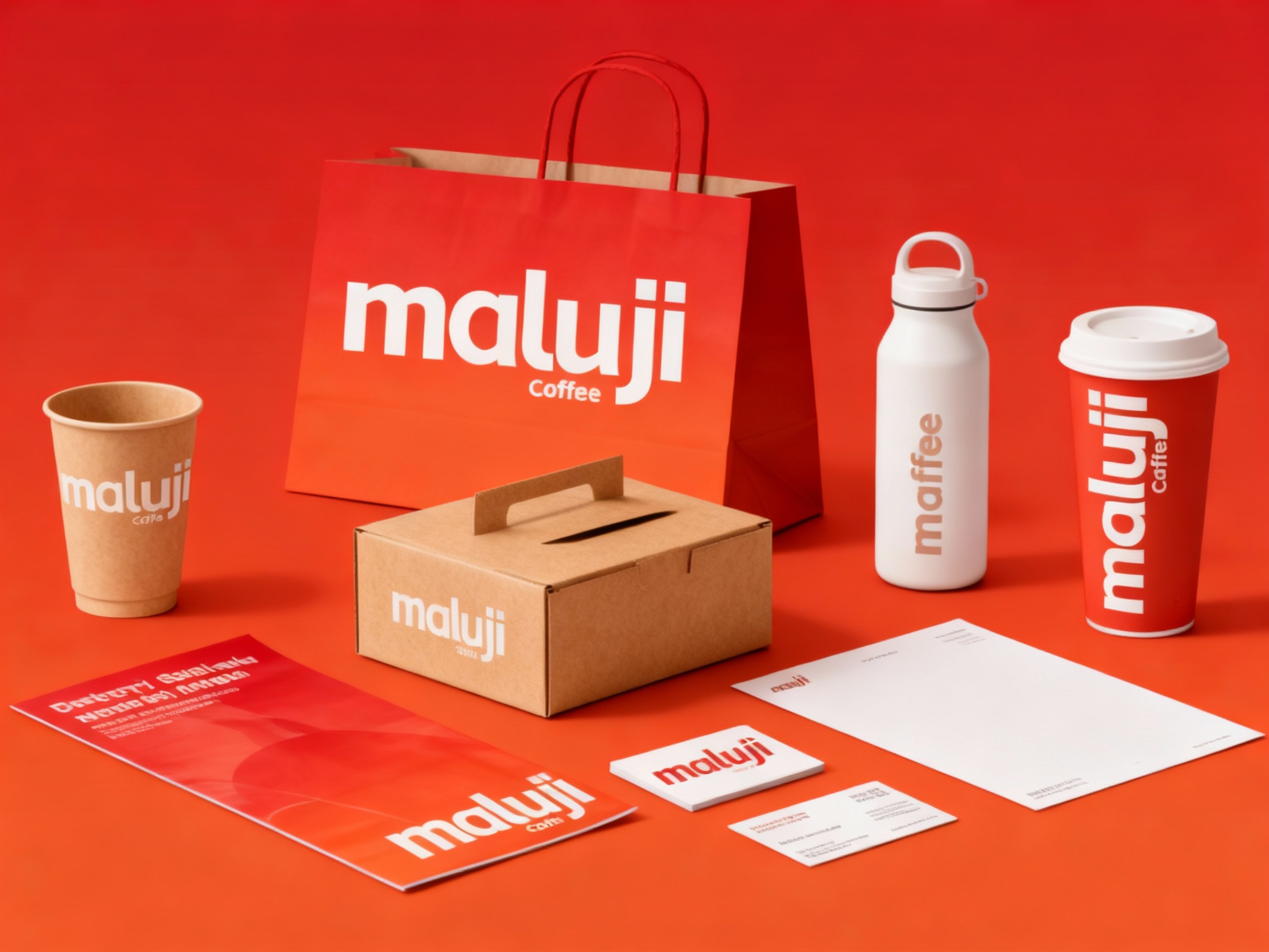 生成咖啡产品展示图，品牌VI展示，它包括纸质杯、外带袋、水杯、纸盒、印刷海报、名片、小册子、信纸设计、纯色、简单的背景、平面布局和极简美学、高分辨率摄影、高质量细节、顶级商业表现形式延续品牌色调，（将参考图中的LOGO 保持一致不要出现变形）在相应载体上合理呈现，突出饮品质感与品牌形象，背景为纯红色或橙色渐变。