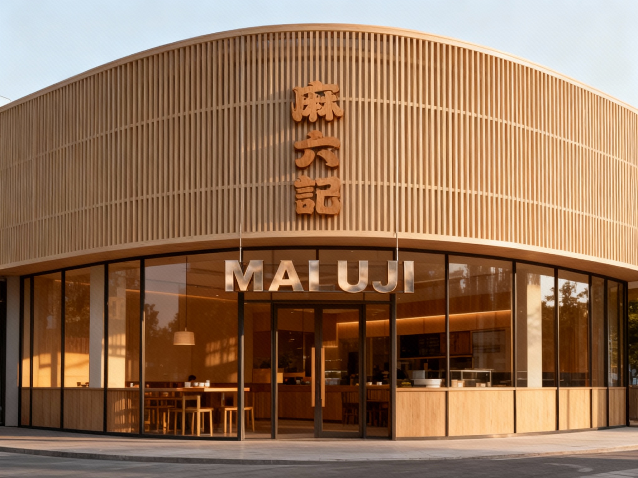 设计新颖的现代面馆门面效果图。建筑外观采用大面积的米色原木（白蜡木或浅橡木）格栅包裹，线条流畅，呈现微弧形设计，像晾晒的面条线条。大面积落地玻璃透出温暖光线。（智能提取参考图中的LOGO主体并去除原背景）设计为悬空的金属拉丝立体字或木质雕刻，悬挂在门头显眼位置，与米色木纹完美融合。光线为清晨柔光，画面干净、通透、高级。