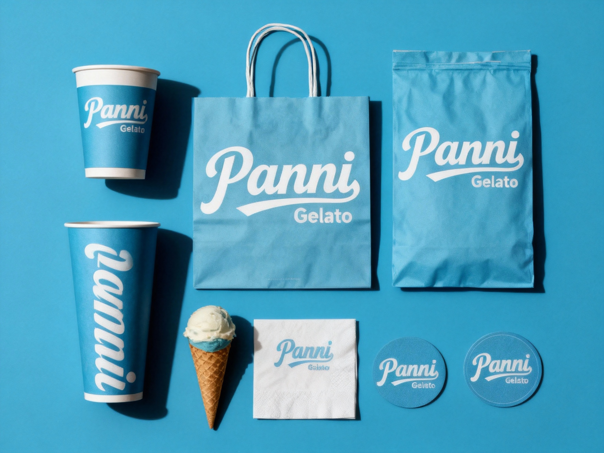 设计冰淇淋产品平铺拍摄图用主色 {主色} ，包含纸杯、手提袋、打包袋、冰淇淋纸筒、餐巾纸、杯垫等，（将参考图中的LOGO）在各产品上清晰展示，色彩统一，光影柔和，呈现高级整洁感。