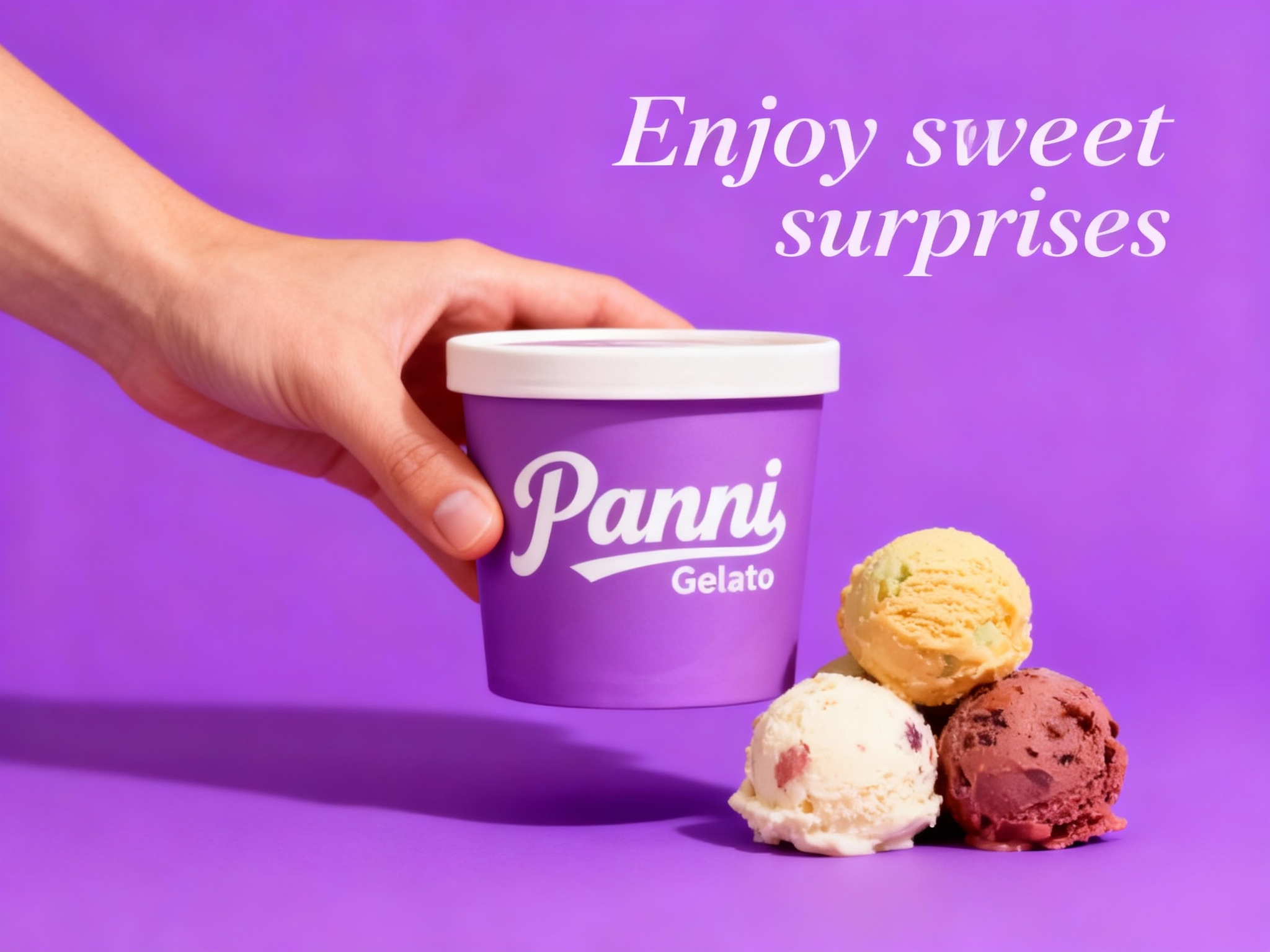 冰淇淋门店促销海报，以提供的主色 #紫色 为背景底色，奠定温暖且具质感的视觉基调。画面核心视觉为一只肤色自然的手，拿着一盒哑光质感的品牌色（将参考图中的LOGO）在冰淇淋盒上清晰可见，几颗不同色彩口味的意式冰淇淋球，手和冰淇淋筒比例协调，冰淇淋筒体简约无装饰，与背景形成鲜明色彩呼应，成为视觉焦点。海报上方，右侧用轻盈的英文书写 “Enjoy sweet surprises” ，营造轻松邀请氛围 。文字排版规整，信息清晰易读，整体风格简约直接，精准传递冰淇淋门店温馨、美味且注重品质的品牌形象 。