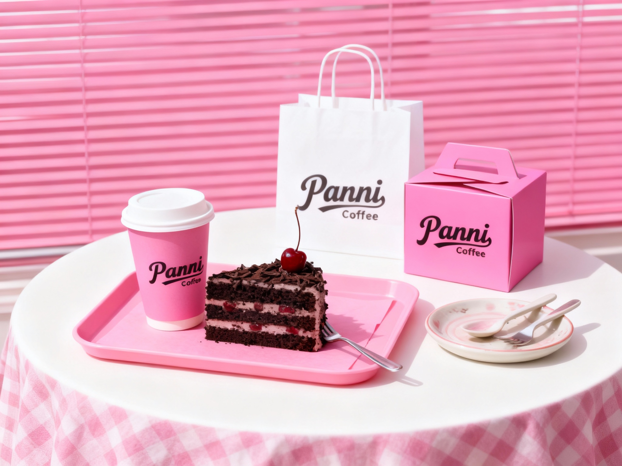商业美食摄影，极简现代风格，明亮光线，白色圆形桌面铺粉色格子桌布，背景粉色百叶窗，粉色托盘内，粉色垫纸上，粉色咖啡杯（带白盖）斜靠蛋糕，黑森林蛋糕上的樱桃点缀画面，金属叉子插在蛋糕上，旁置粉色手提盒与白色手提袋，旁边放置一套精美的陶瓷餐具。手提盒和咖啡杯上的品牌logo清晰可见，色彩对比鲜明
