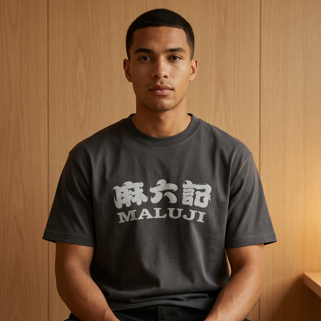 提取参考图的LOGO单独呈现，改为浅灰色，25岁混血男性模特，身着深灰重磅T恤，浅灰色LOGO采用烫黑工艺（与T恤色调呼应却有质感差异），室内暖光拍摄，光线柔和温暖，T恤版型挺括，LOGO平整无褶皱，模特坐姿端正，背景为木质极简墙面，营造沉稳高级氛围