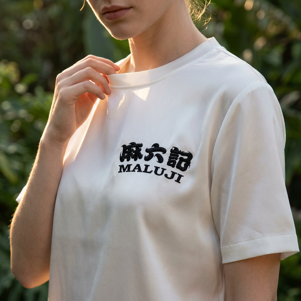 提取参考图的LOGO单独呈现，改为雅黑色，25岁欧洲女性模特，穿纯白真丝T恤，雅黑色LOGO以丝线刺绣工艺呈现，精致立体，逆光拍摄，光线透过真丝面料，呈现柔和光泽，LOGO在逆光下轮廓清晰，模特轻扶领口，姿态优雅，背景为模糊的自然绿植，高级又有生机