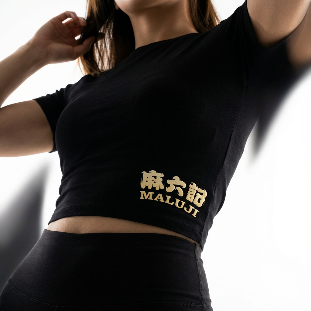 提取参考图的LOGO单独呈现，改为浅金色，25岁亚洲女性模特，穿黑色高腰T恤，浅金色LOGO印制于腰侧上方位置，采用渐变胶浆工艺（渐变范围控制在同色系内），色彩自然过渡，仰拍视角，模特抬手整理头发，T恤腰部贴合身形，侧光勾勒腰部线条与LOGO轮廓，背景为极简白色，视觉焦点明确