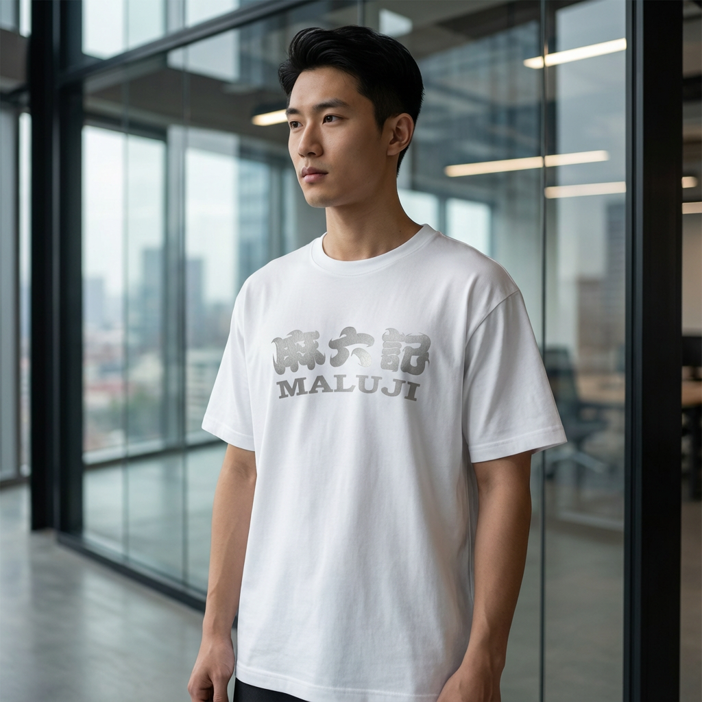 提取参考图的LOGO单独呈现，改为黑色，25岁亚洲男性模特，站立于高级写字楼玻璃前，身着纯白oversizeT恤，黑色LOGO采用烫银工艺（呈现哑光金属质感），正面稍侧视角，T恤自然垂坠，LOGO位于画面中心位置，写字楼内柔光透过玻璃照亮模特，光影柔和无多余阴影，背景为玻璃外模糊城市景观，工业风与都市高级感融合